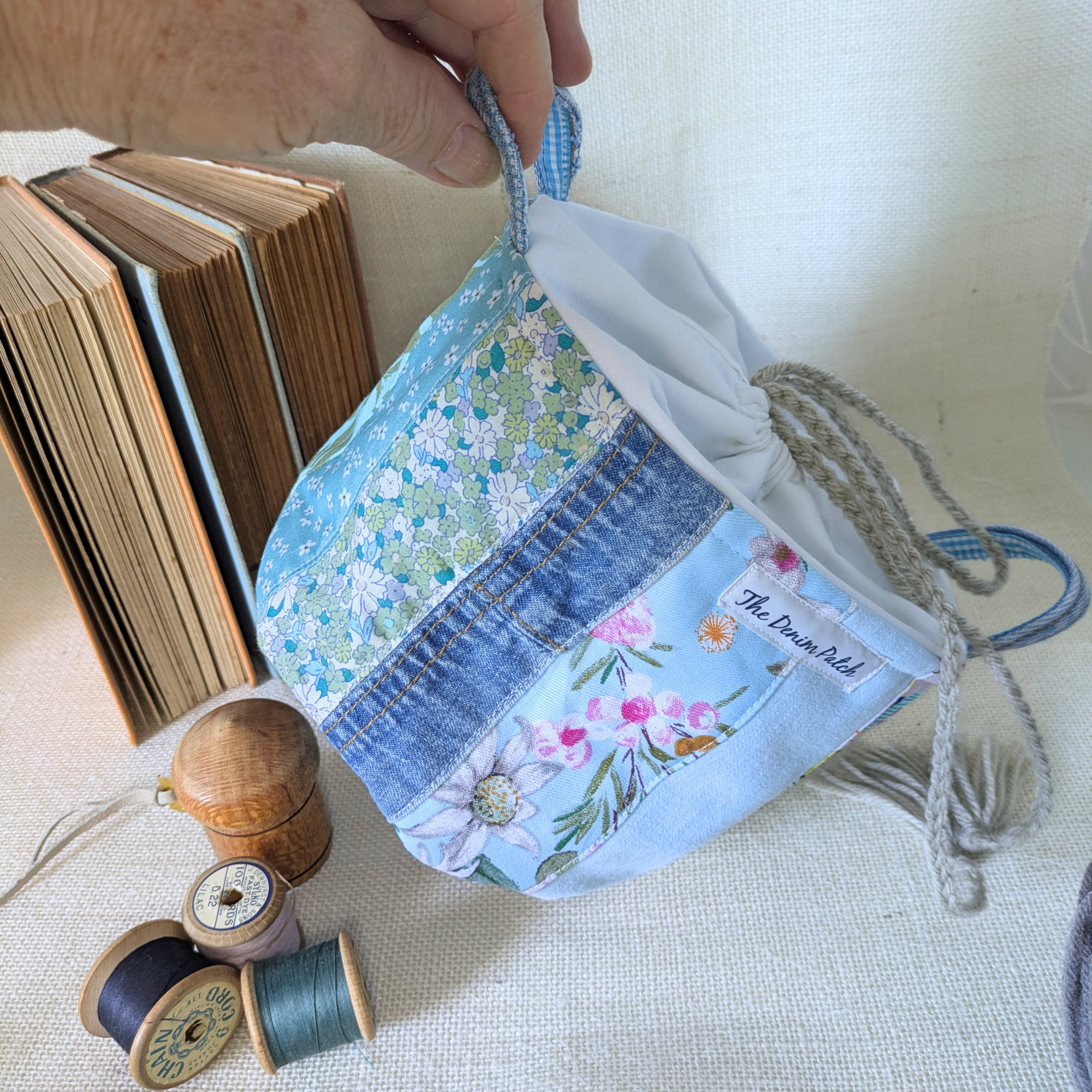 Project Bag Upcycled Denim, Craft Storage, Pastel Blue Green, Small