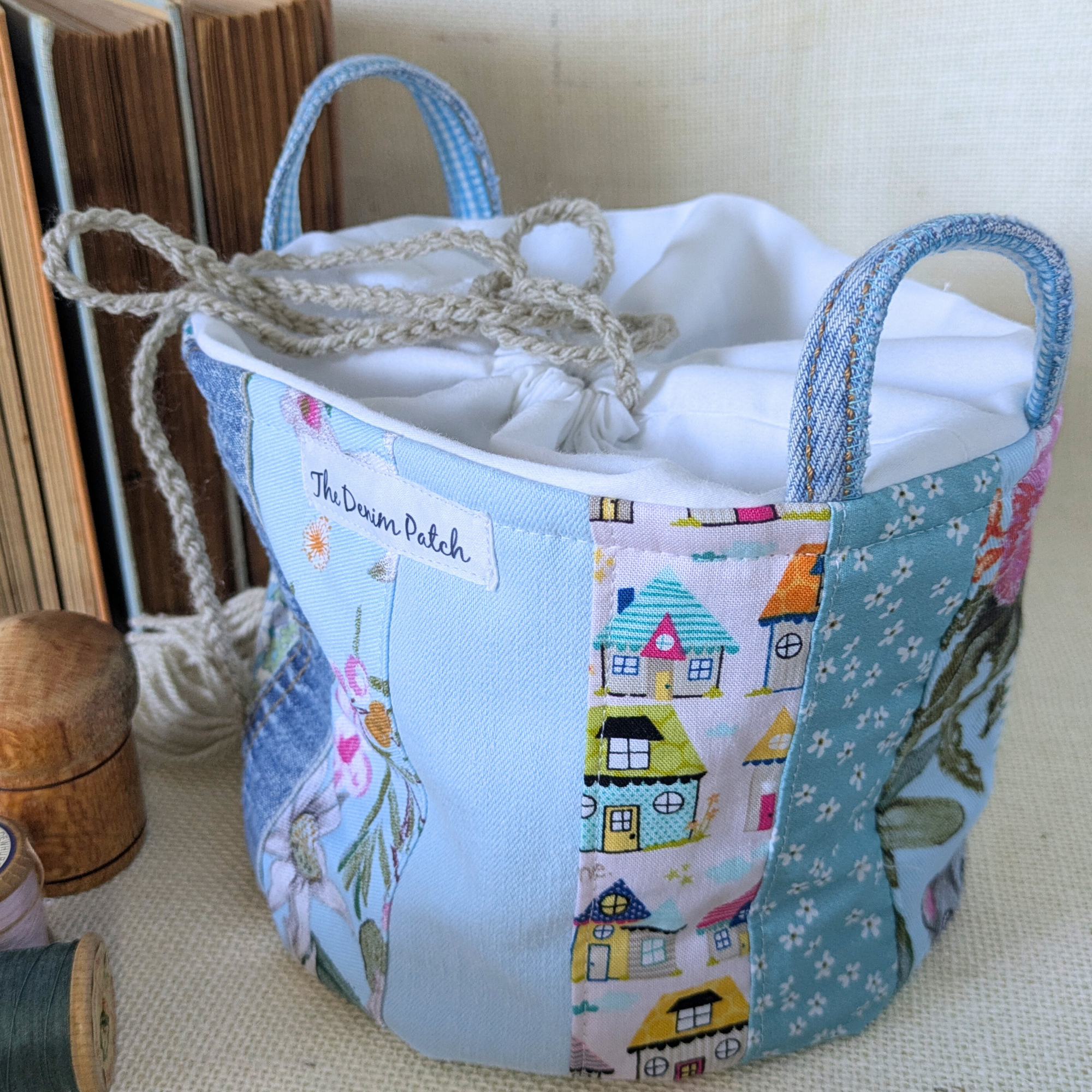 Project Bag Upcycled Denim, Craft Storage, Pastel Blue Green, Small