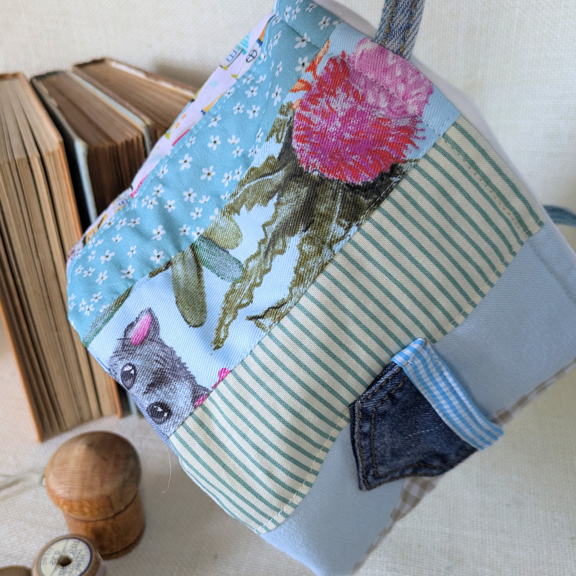 Project Bag Upcycled Denim, Craft Storage, Pastel Blue Green, Small