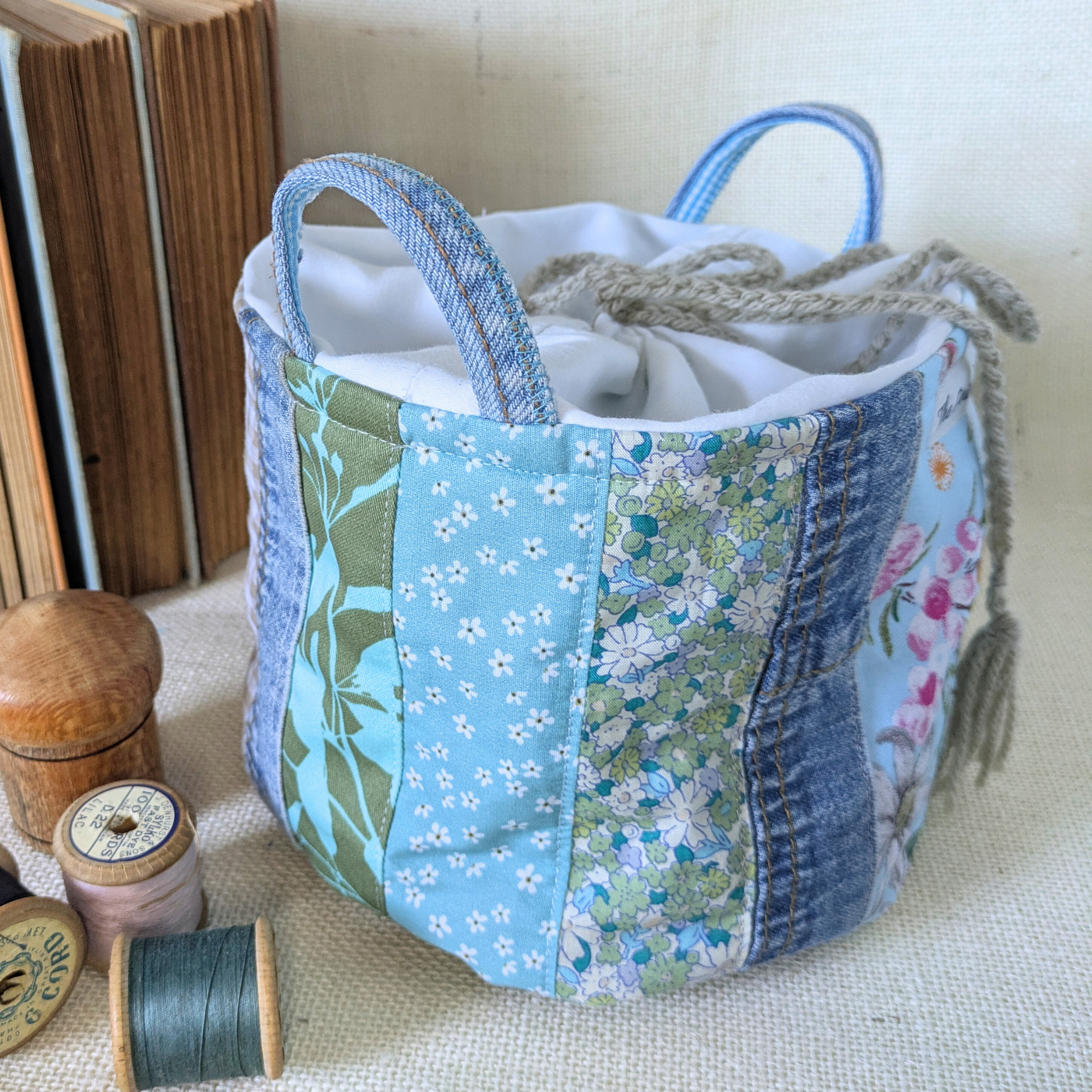 Project Bag Upcycled Denim, Craft Storage, Pastel Blue Green, Small