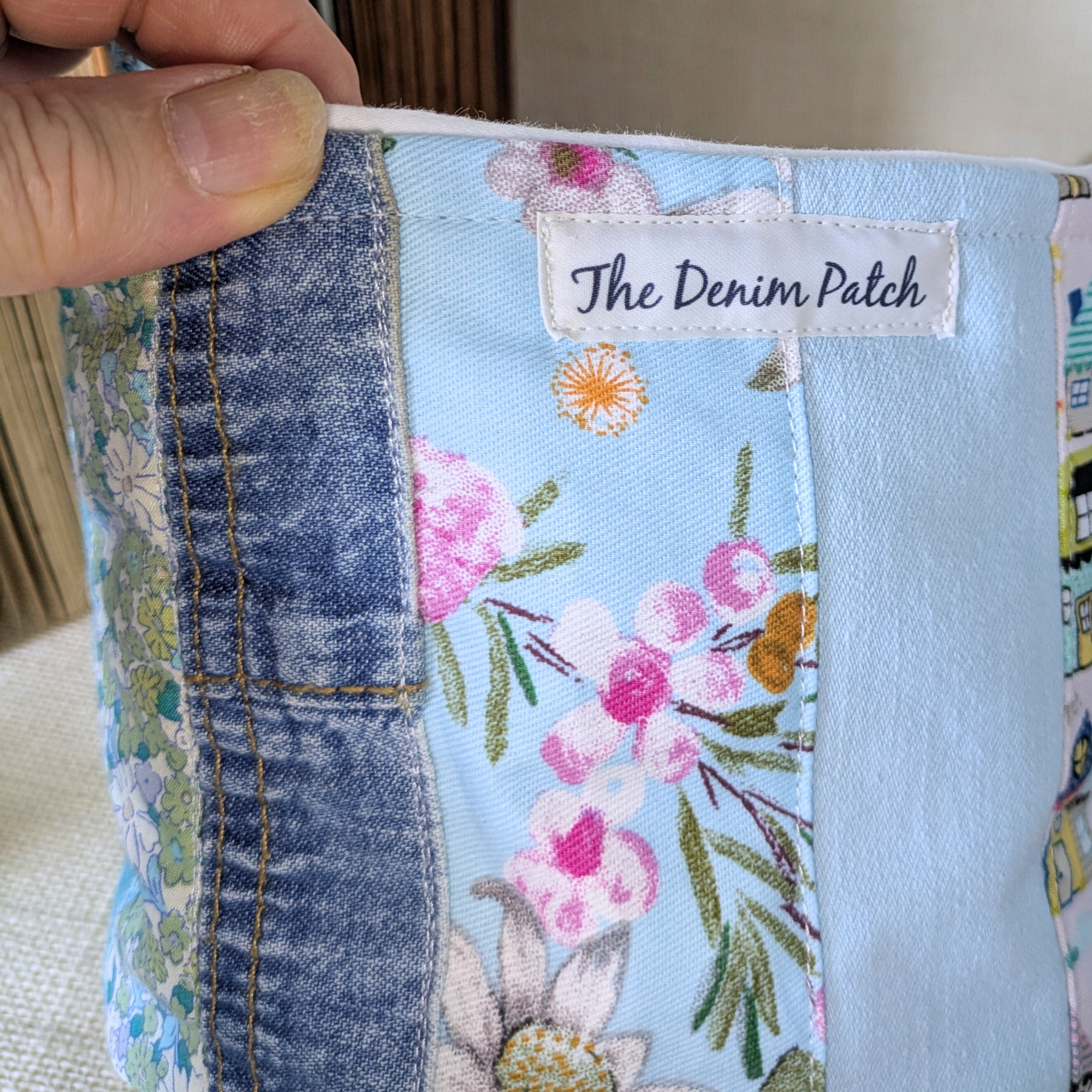 Project Bag Upcycled Denim, Craft Storage, Pastel Blue Green, Small