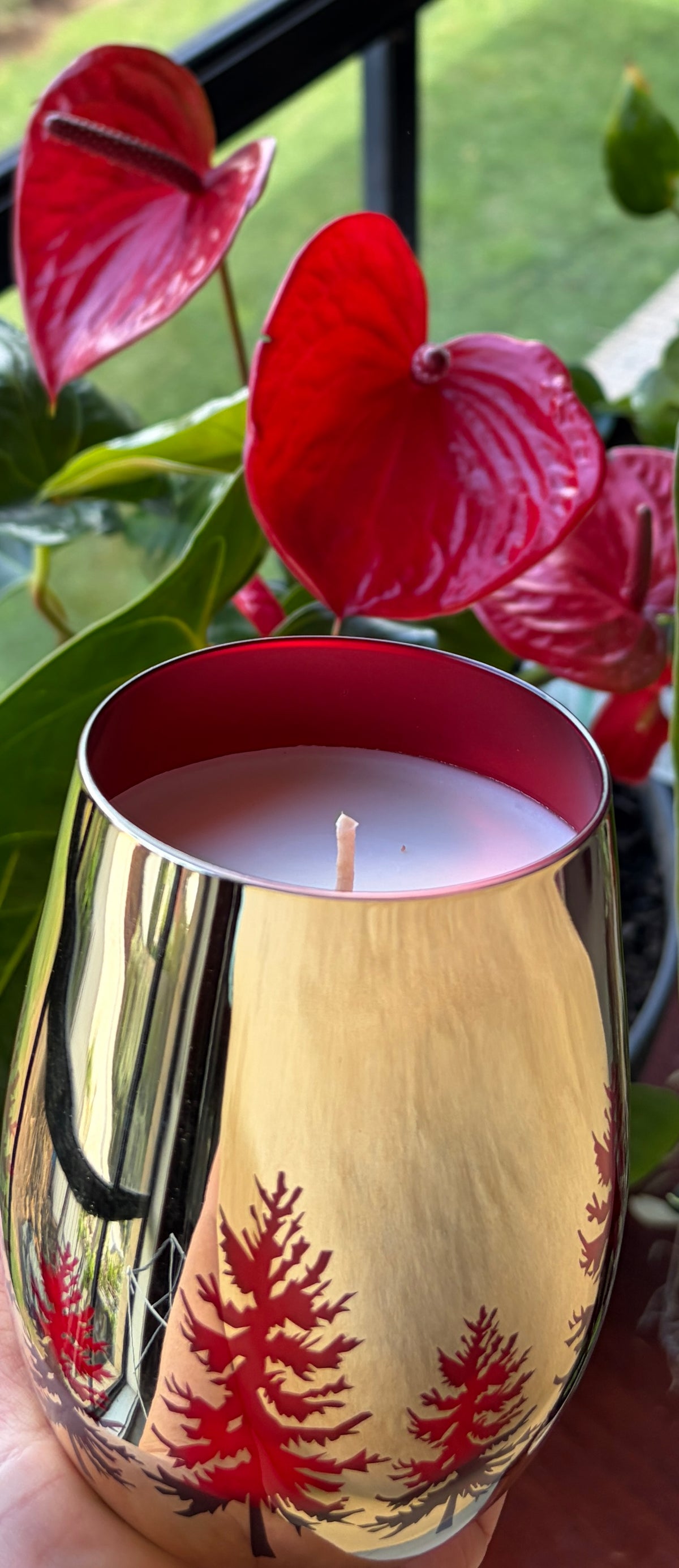 CHRISTMAS -  GOLD RED CHRISTMAS TREES CANDLE GLASS - POURED TO ORDER