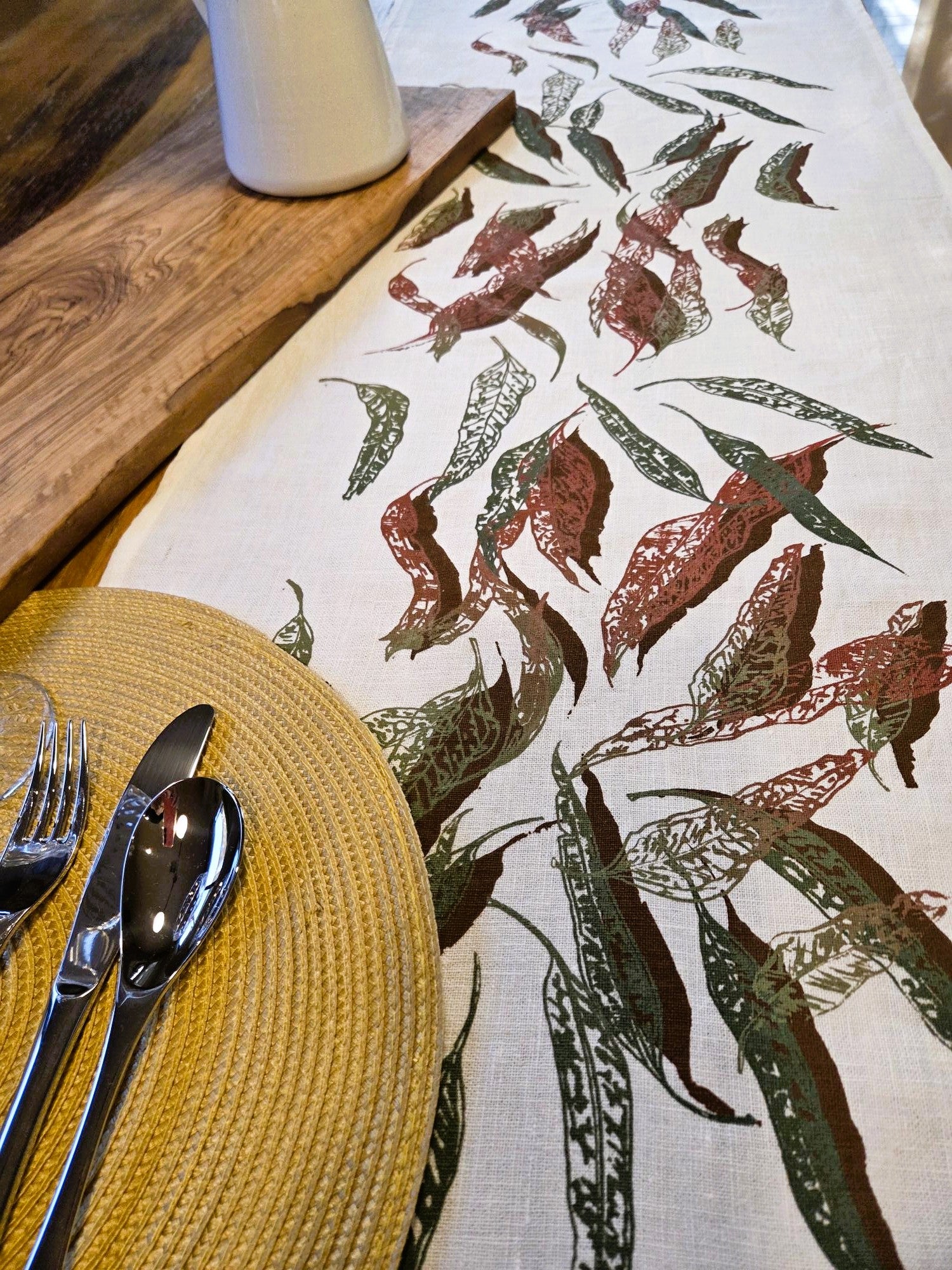 Hand Screen Printed Linen Table Runners-Eucalypt Fallen Leaves