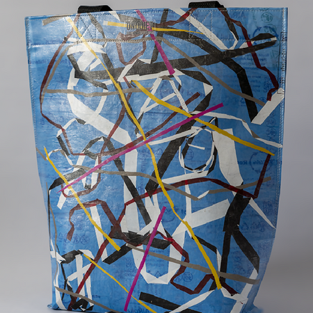 Tote Bag Standard | 100% Handcrafted from Recycled soft plastic - Coloured streamer and blue pattern background