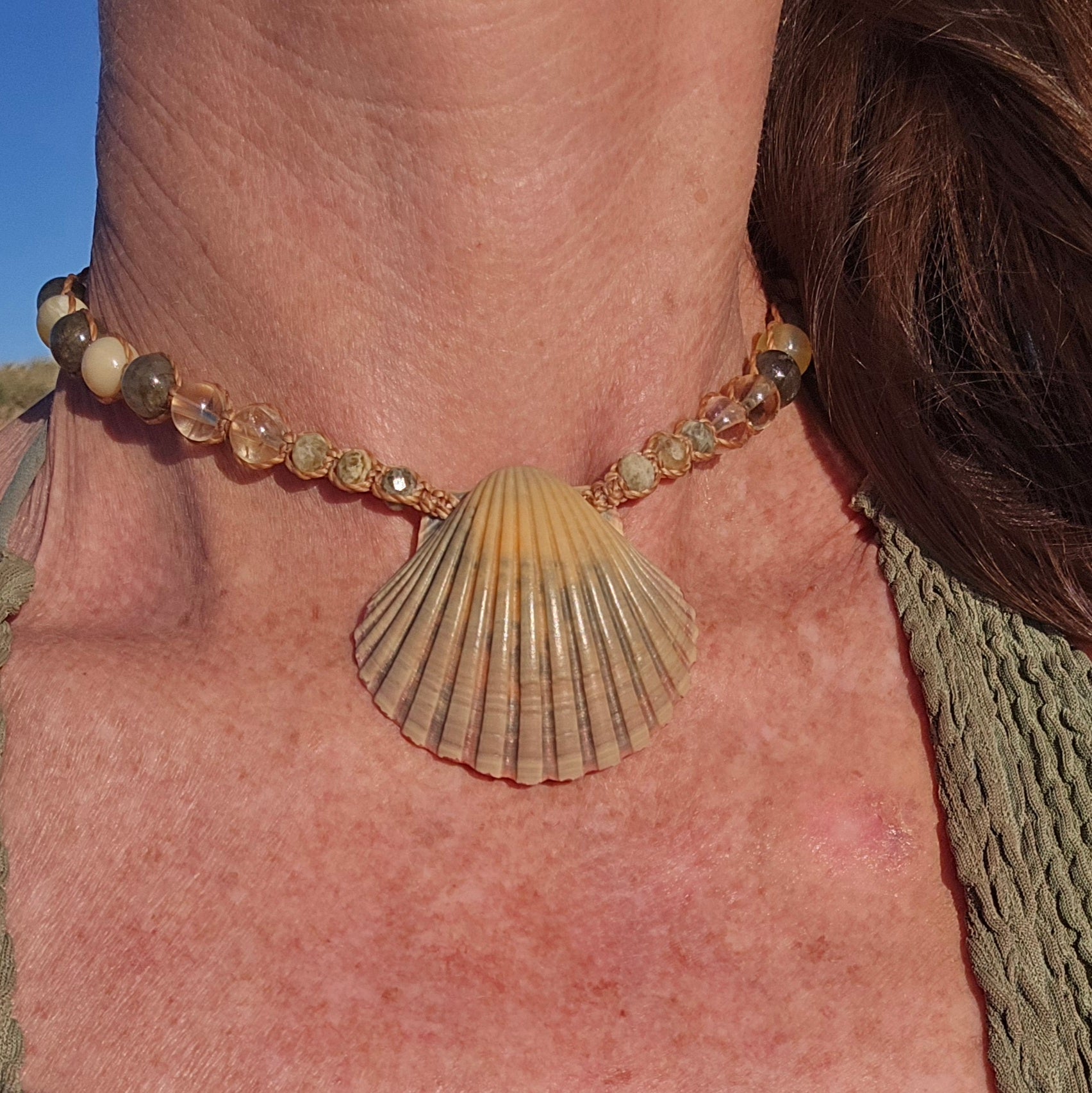 Scallop Shell Necklace with Labradorite and Yellow Opal