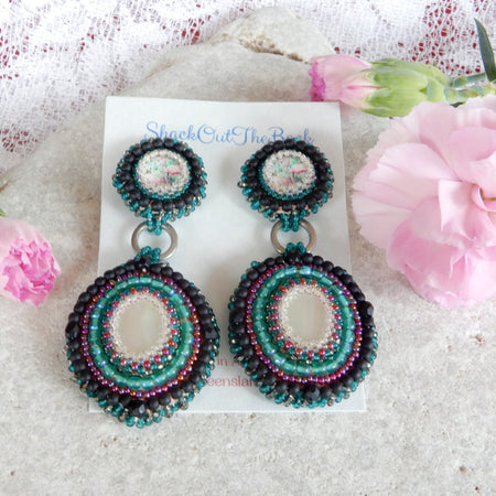 Bead Embroidered Cabochon Earrings in Green & Black