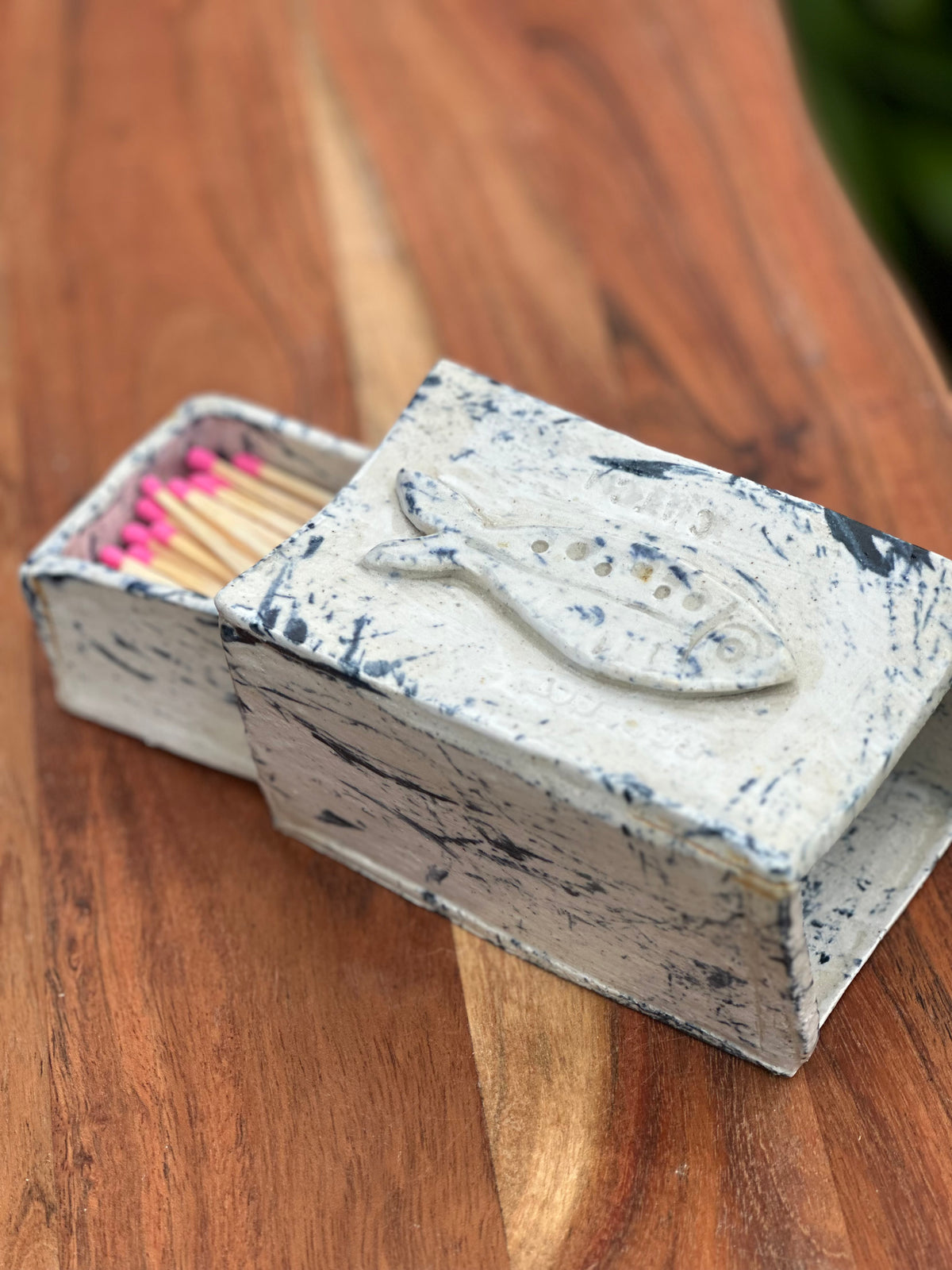Perfect Catch | Handmade Ceramic Matchbox Holder | Fish Design | Gold Kintsugi-Style Detail