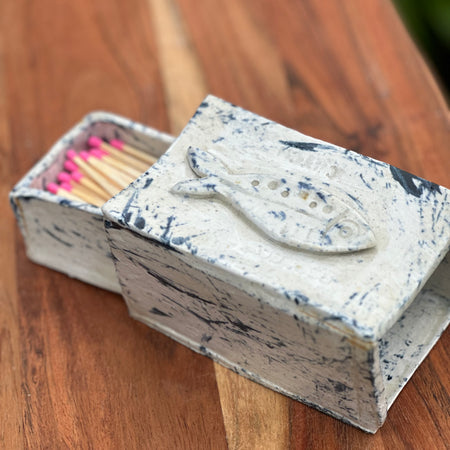 Perfect Catch | Handmade Ceramic Matchbox Holder | Fish Design | Gold Kintsugi-Style Detail