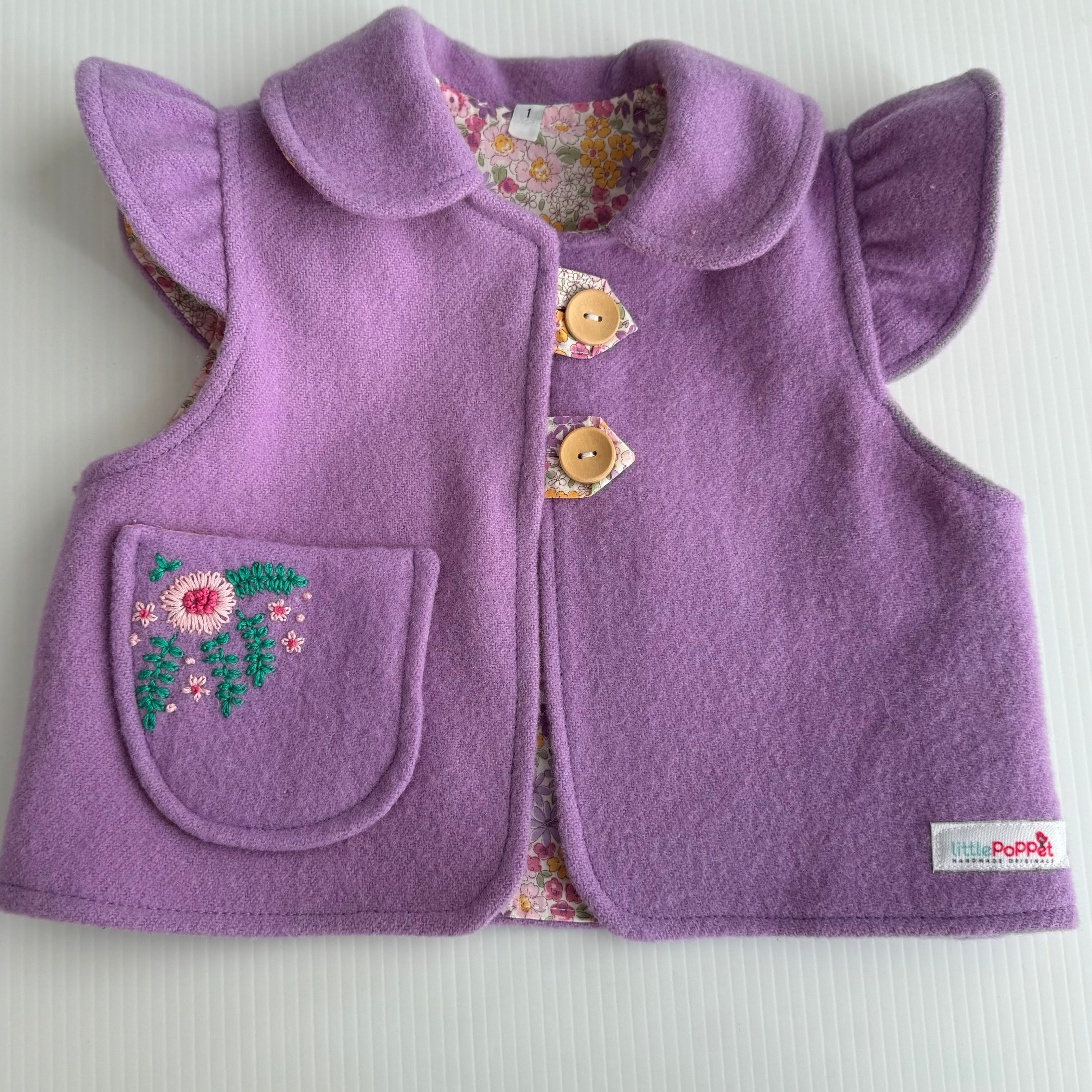 Girls Upcycled Blanket Vest with Hand Embroidered Pocket