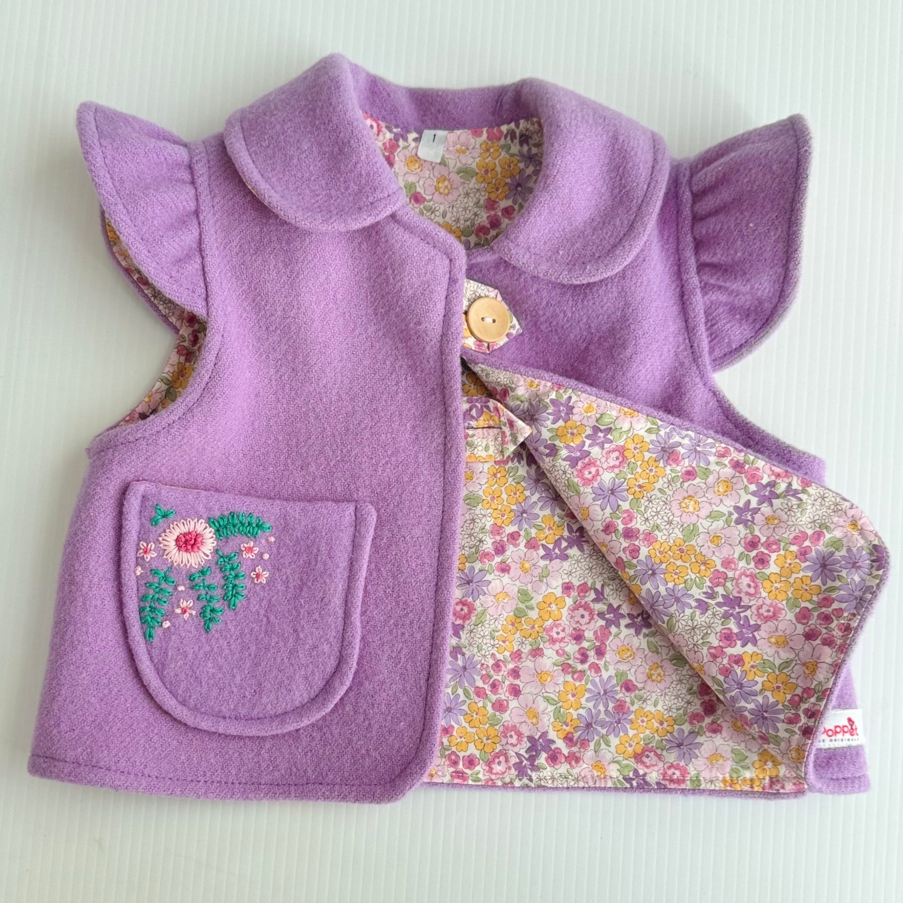 Girls Upcycled Blanket Vest with Hand Embroidered Pocket