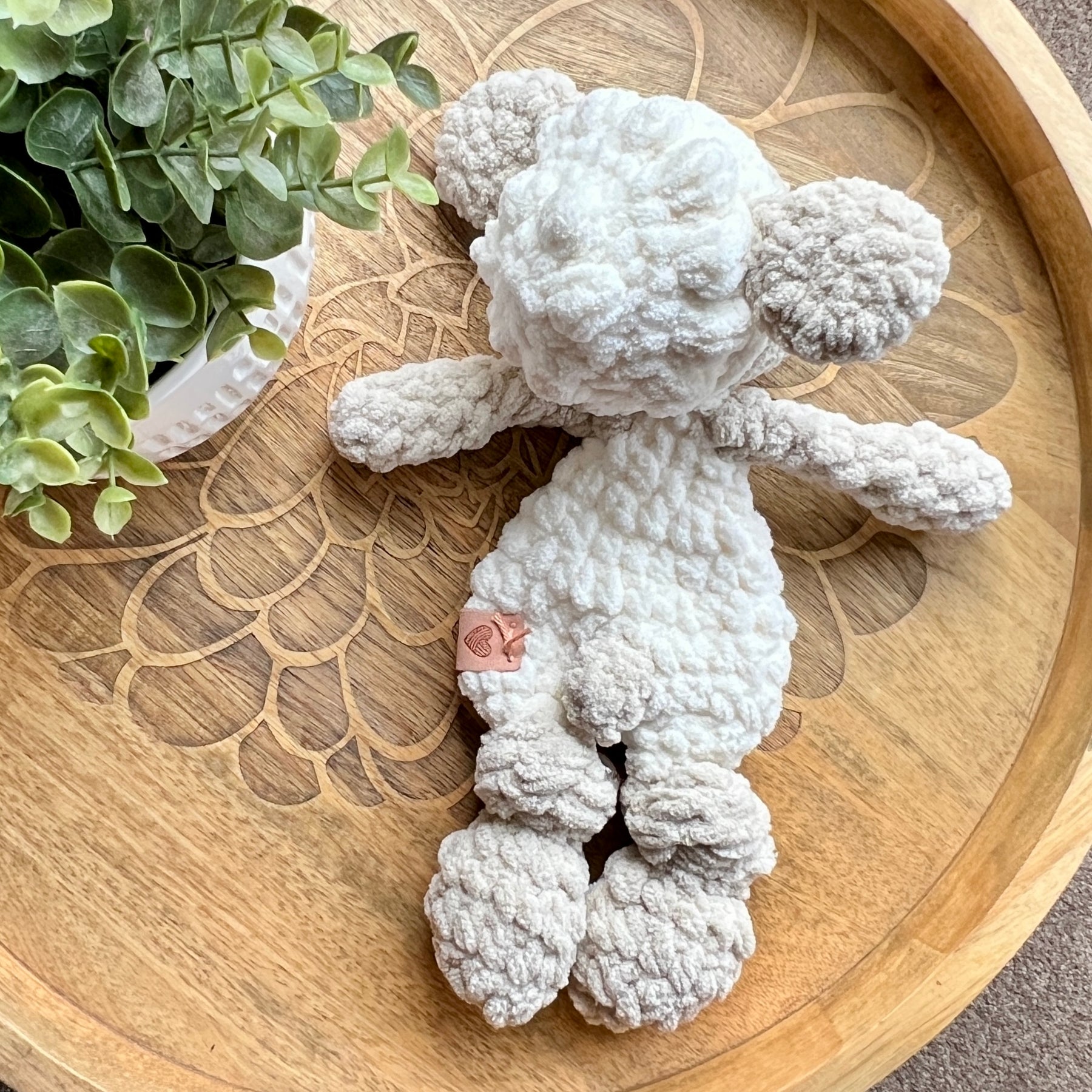Handmade crochet Mini lamb sheep modern lovey with knotted legs.