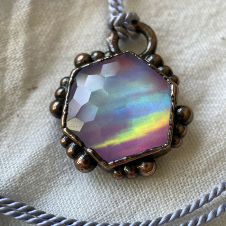 Aurora Opal Pendant, Lab created Opal on Silk Cord