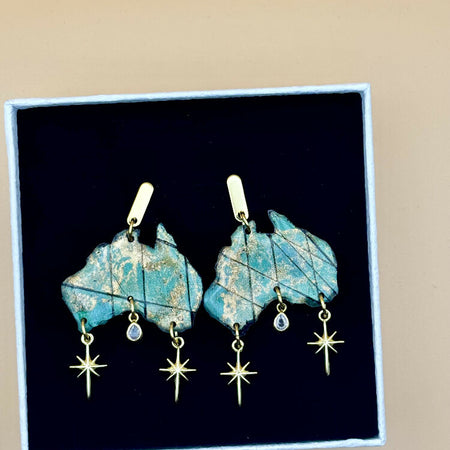 Metallic Green Australian Map Earrings with Star Charms