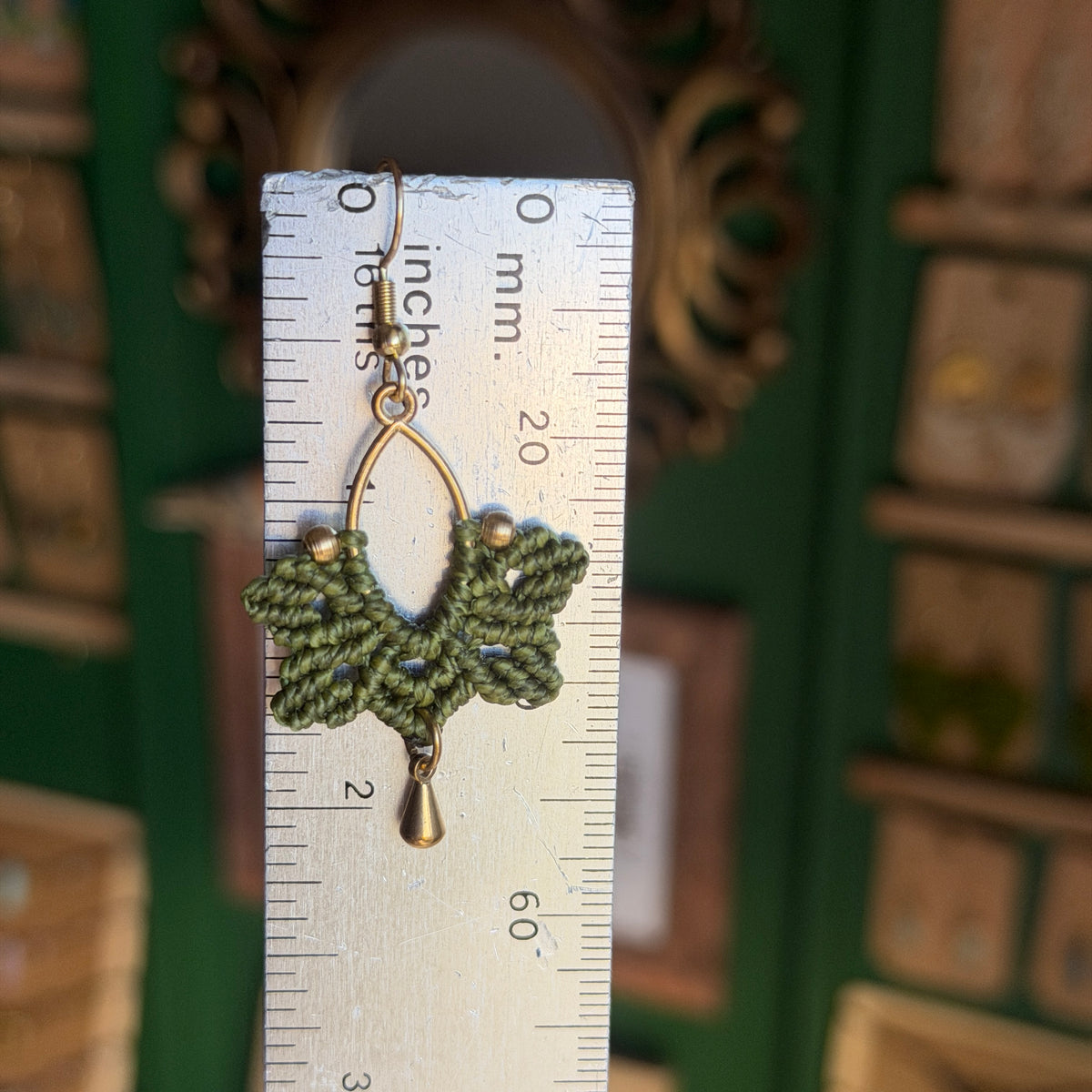 Macrame Brass Elipse Hoop with Leaf - earthy forest fae collection
