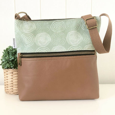 Zipper Bag in Tan Leather and Tree Ring Fabric