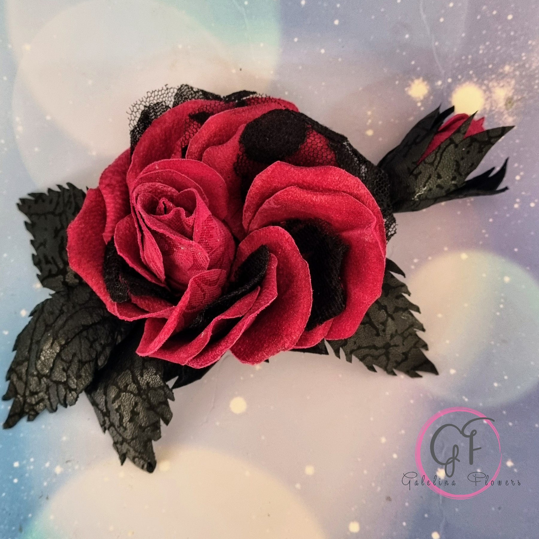 LEATHER CRIMSON ROSE “Dark Romance” pin brooch hair hat clip . Leather anniversary wedding gift. Millinery