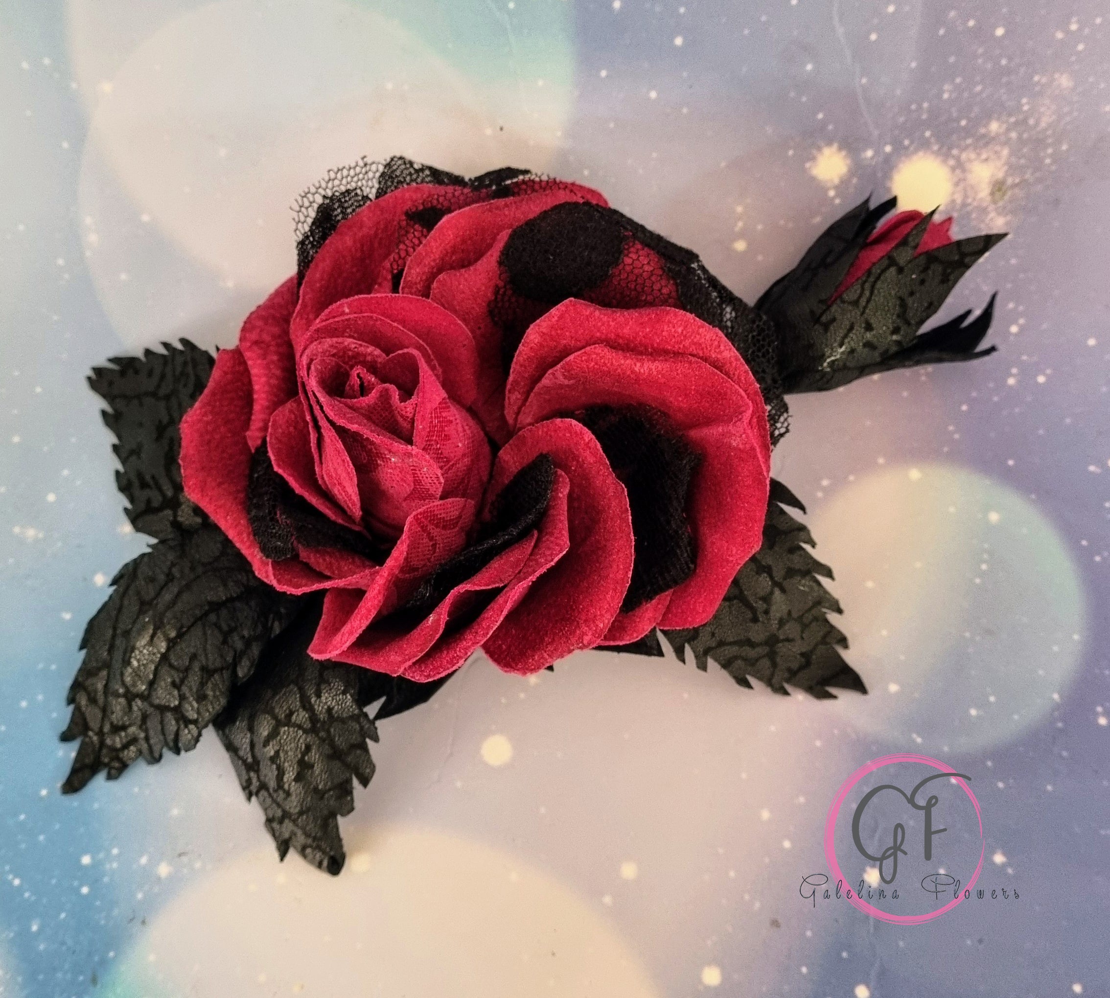 LEATHER CRIMSON ROSE “Dark Romance” pin brooch hair hat clip . Leather anniversary wedding gift. Millinery