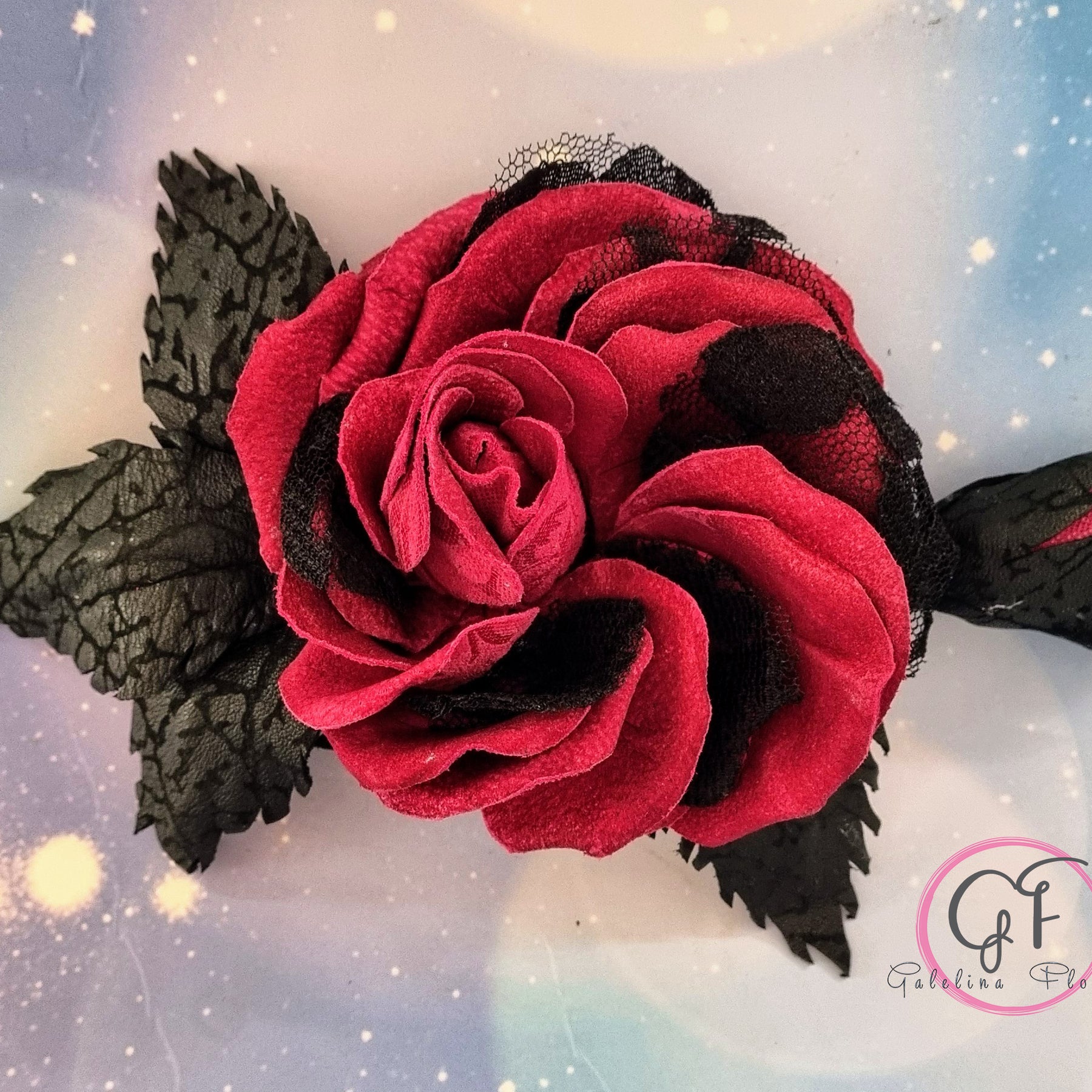 LEATHER CRIMSON ROSE “Dark Romance” pin brooch hair hat clip . Leather anniversary wedding gift. Millinery
