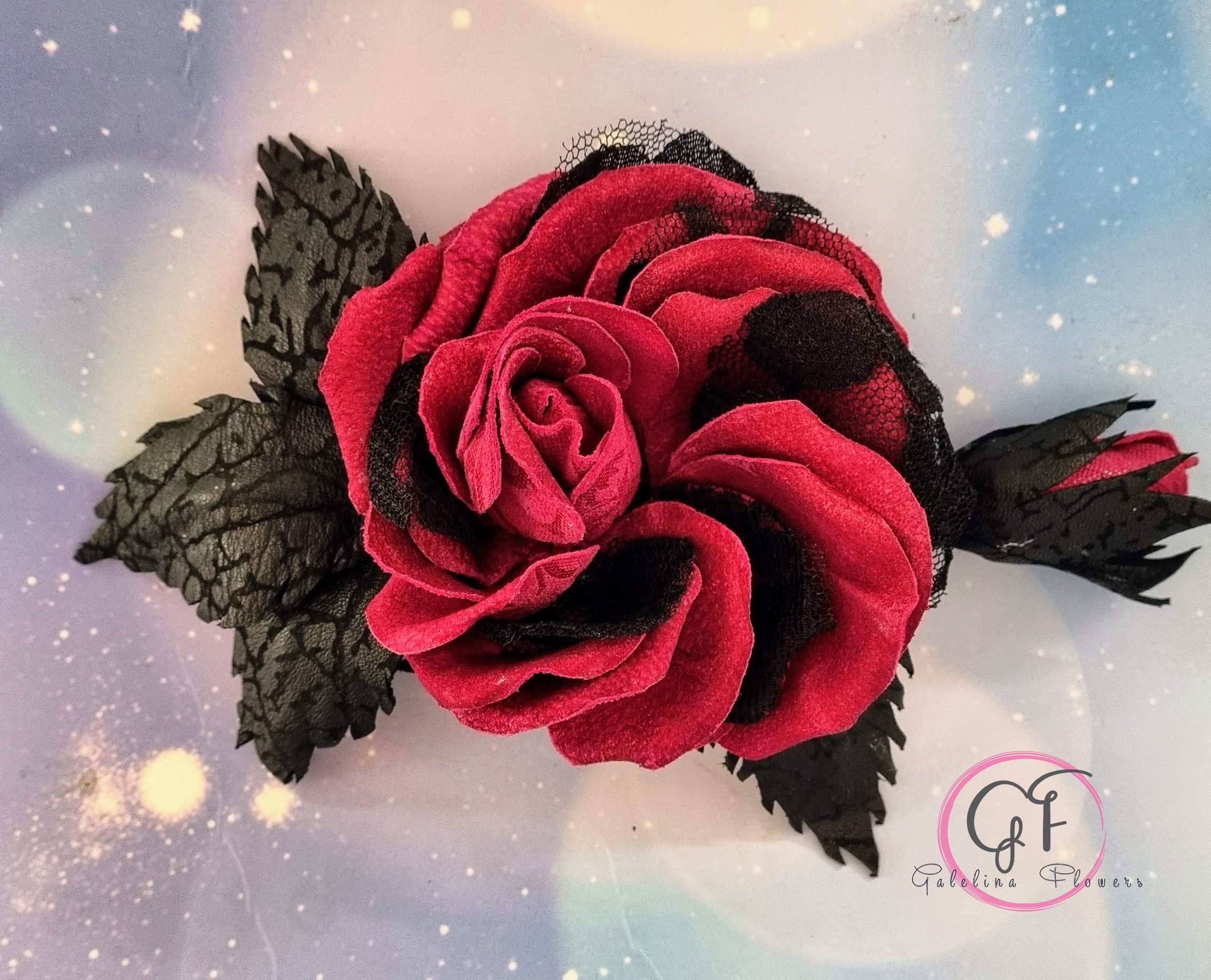 LEATHER CRIMSON ROSE “Dark Romance” pin brooch hair hat clip . Leather anniversary wedding gift. Millinery
