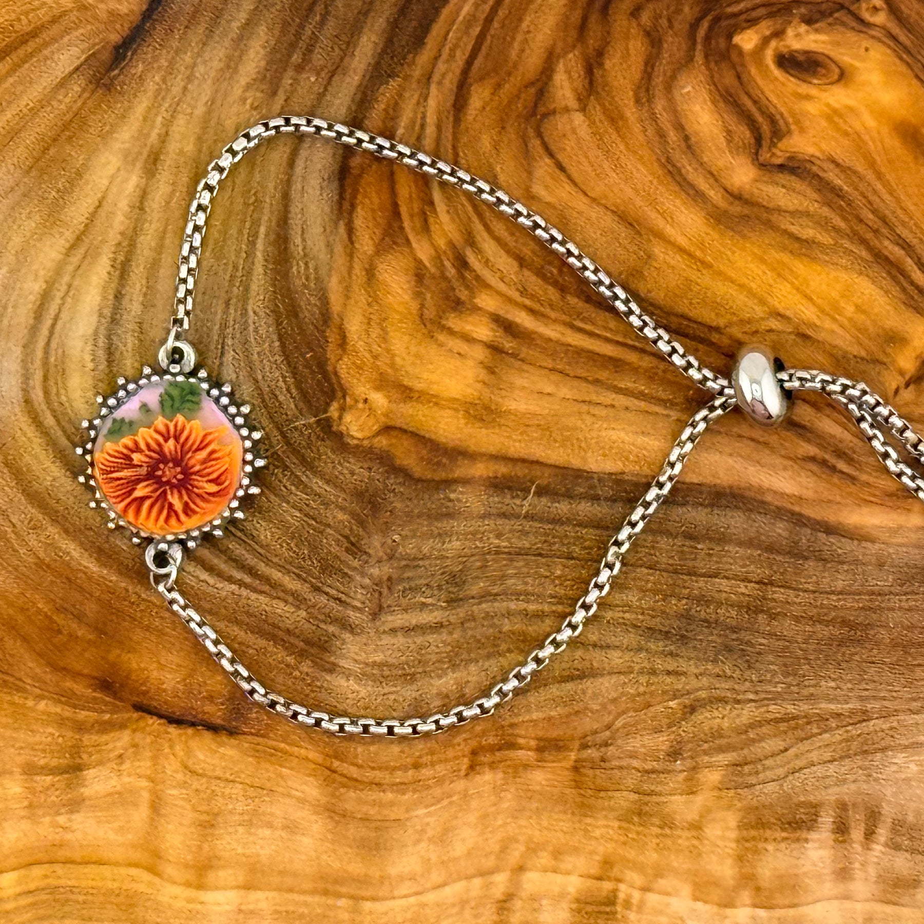 Brown Flower & Leaf Stainless Steel Adjustable Slider Bracelet