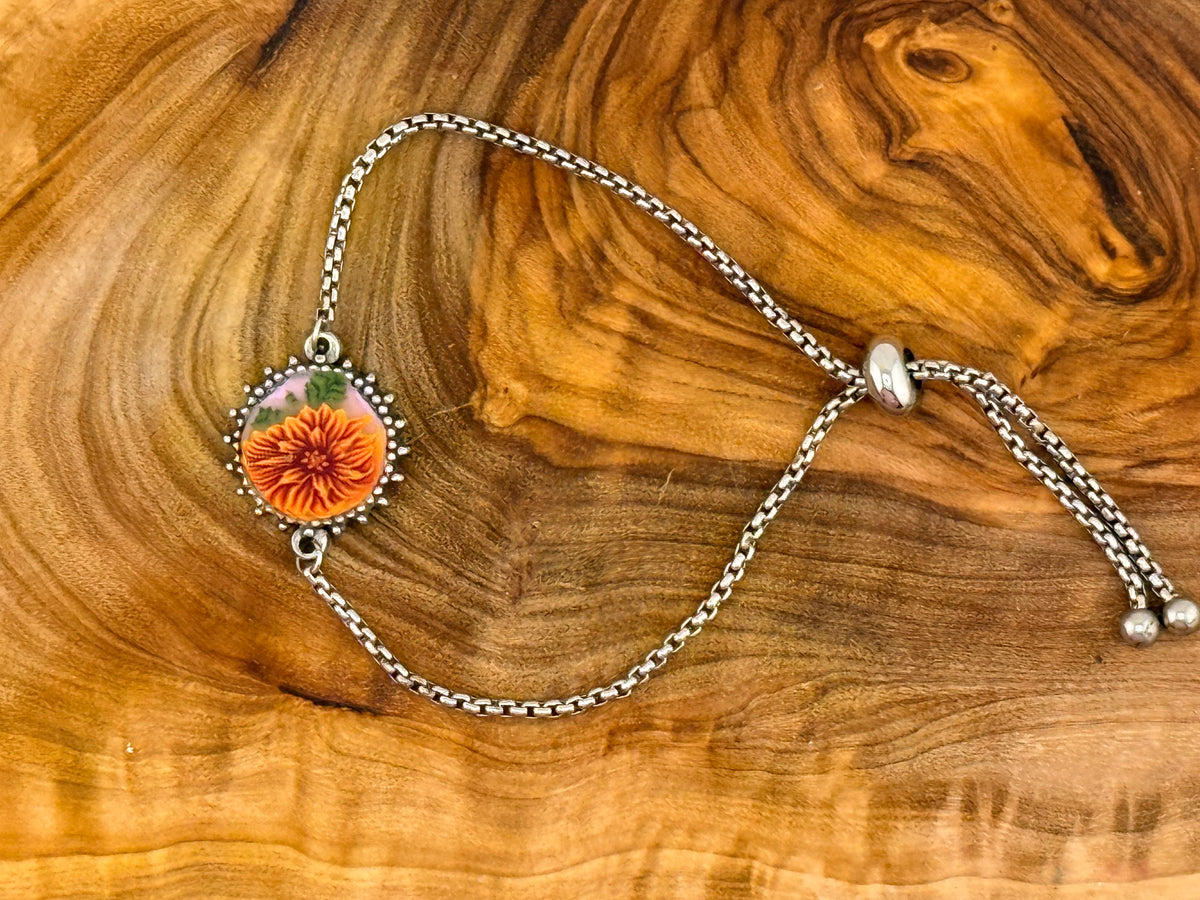 Brown Flower & Leaf Stainless Steel Adjustable Slider Bracelet