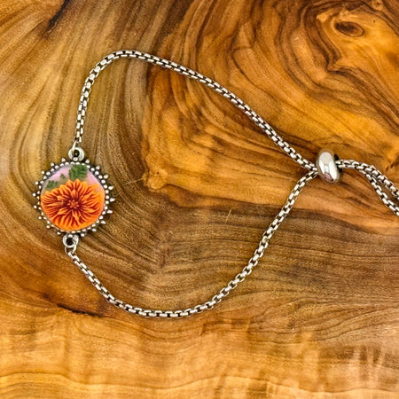 Brown Flower & Leaf Stainless Steel Adjustable Slider Bracelet