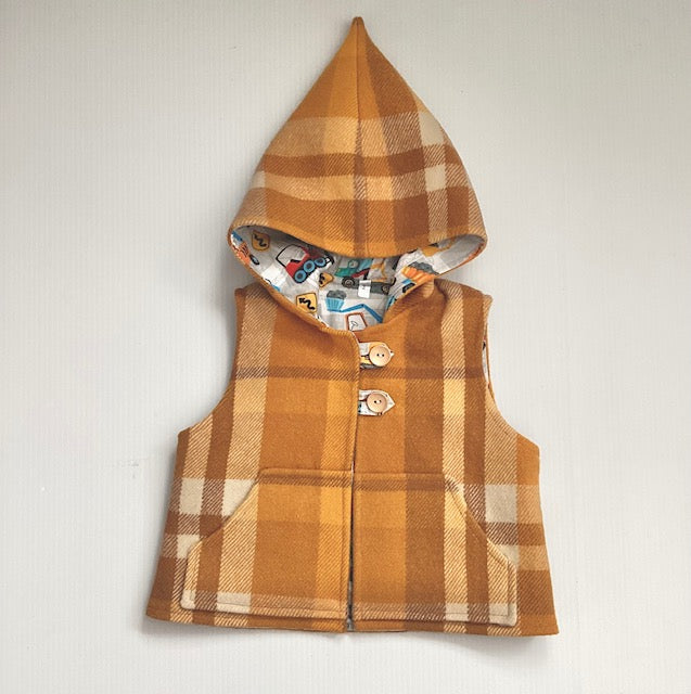 Trucks and Diggers Upcycled Blanket Vest with Cosy Hood