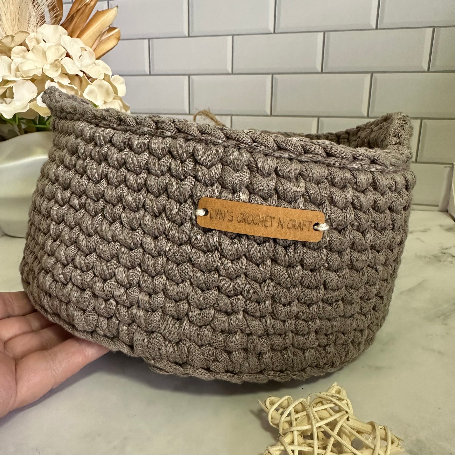 Neutral Beige Crocheted Basket with Handles