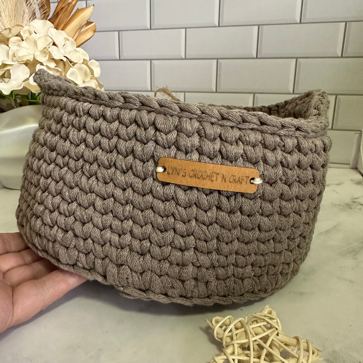 Neutral Beige Crocheted Basket with Handles