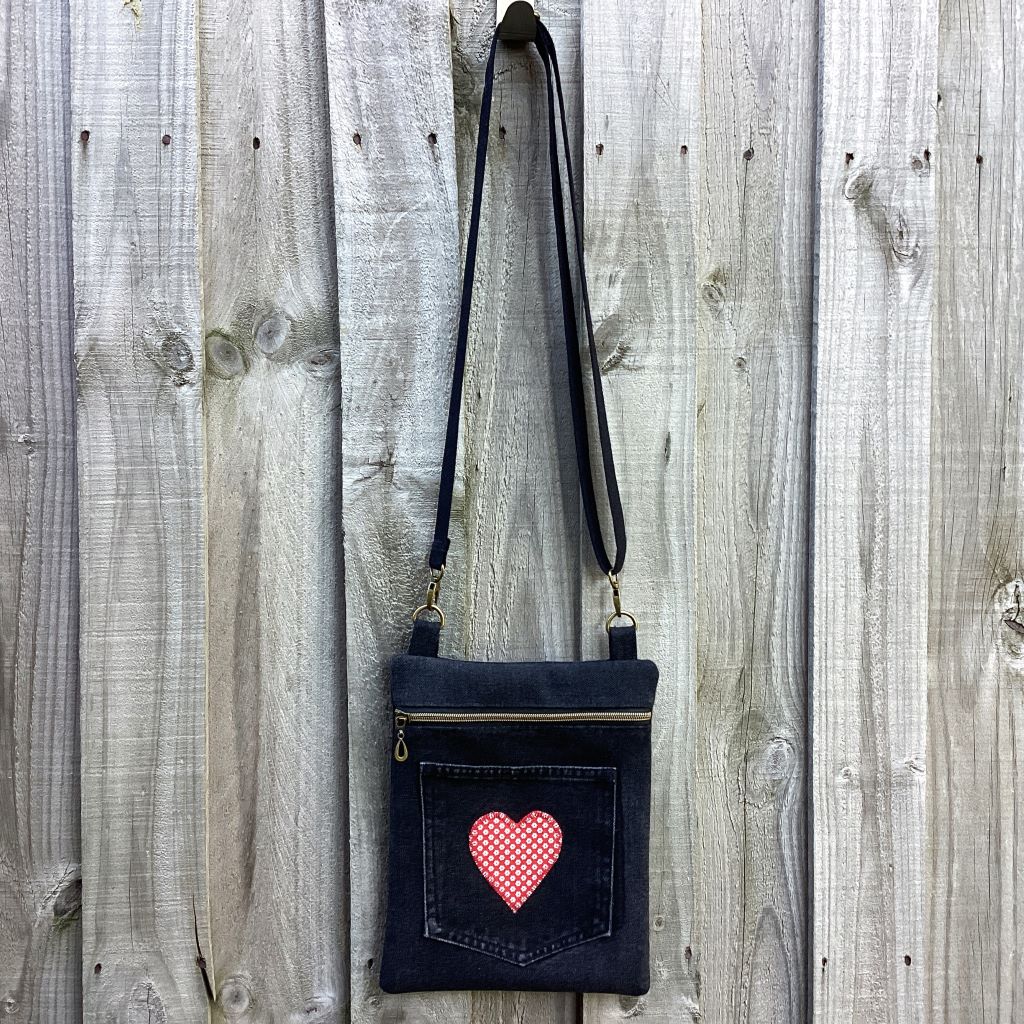 Black Denim Cross Body Bag – Red Heart