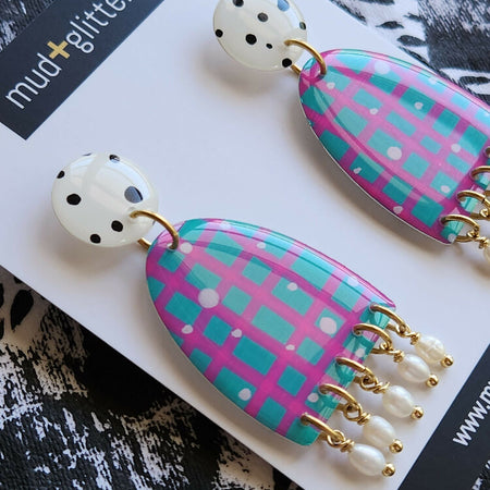 Earrings | XO's Arches | in Aqua & Hot Pink with Pearls