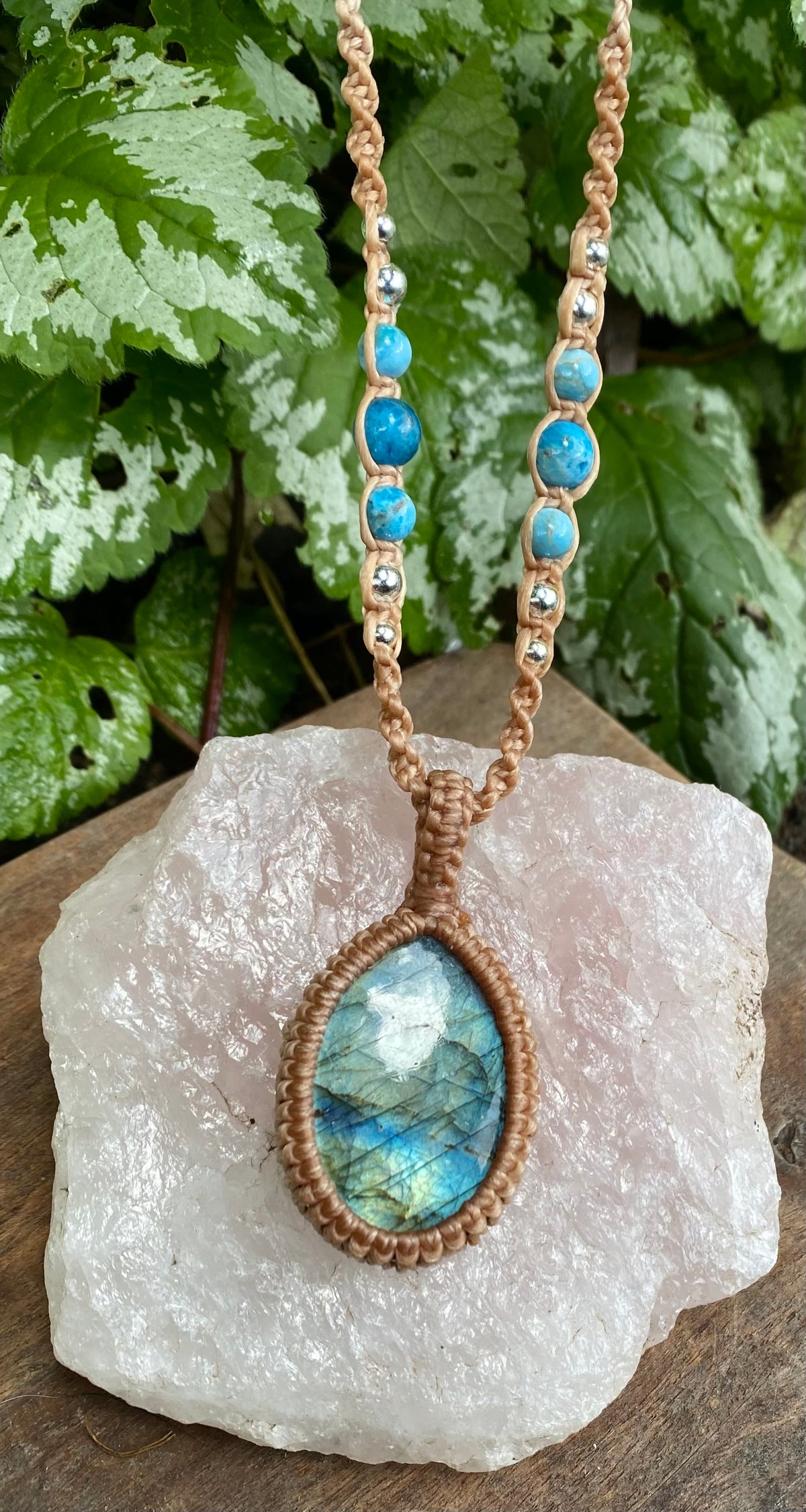 Labradorite Pendant Necklace: Beaded Macrame, Adjustable Boho Gift
