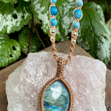 Labradorite Pendant Necklace: Beaded Macrame, Adjustable Boho Gift