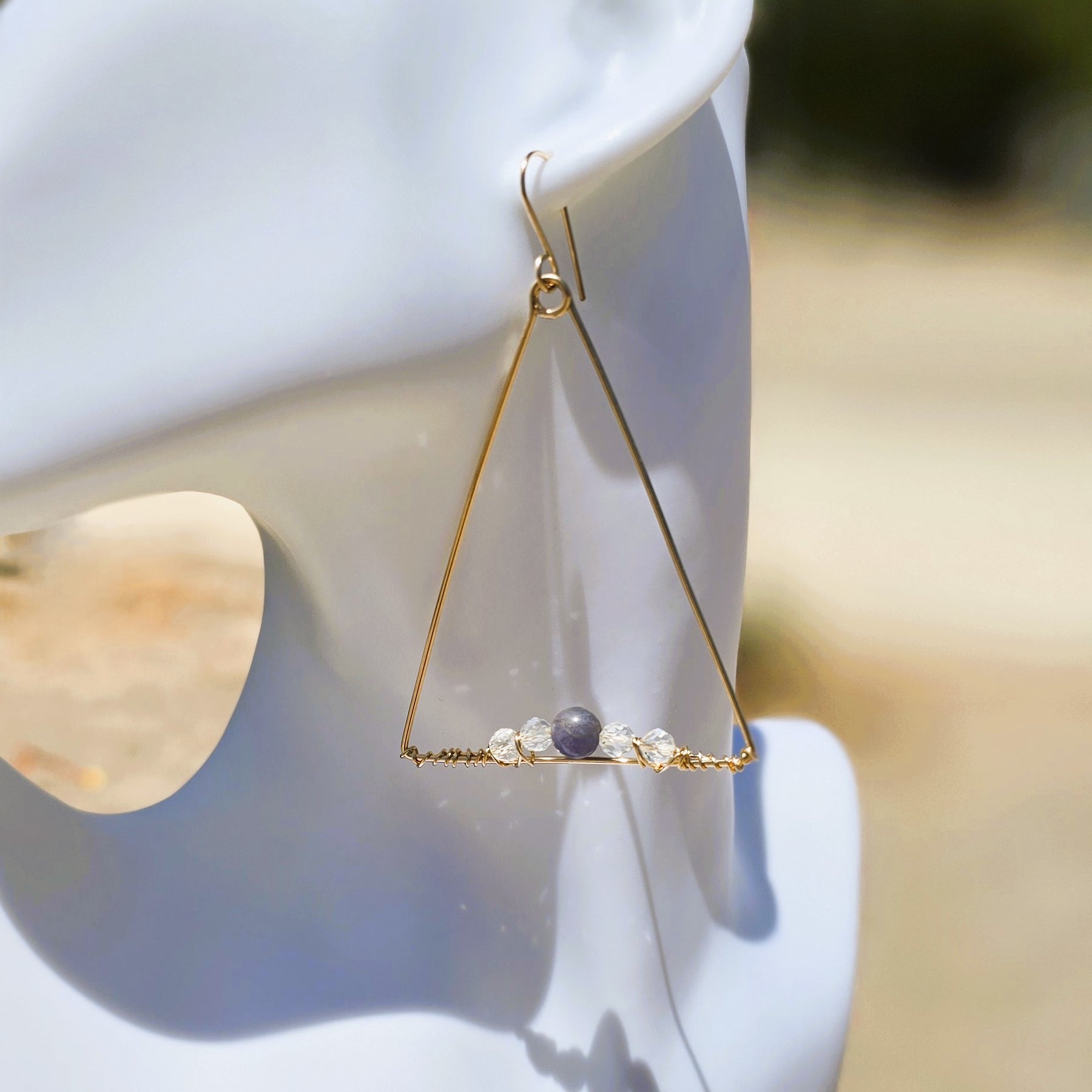 Large Triangle 14kt GF Earrings with Tanzanite & Quartz