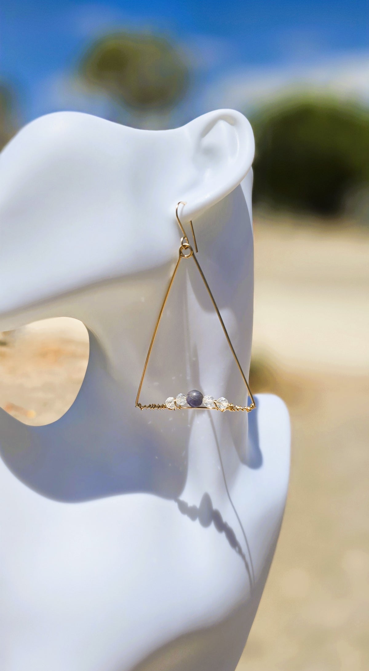 Large Triangle 14kt GF Earrings with Tanzanite & Quartz