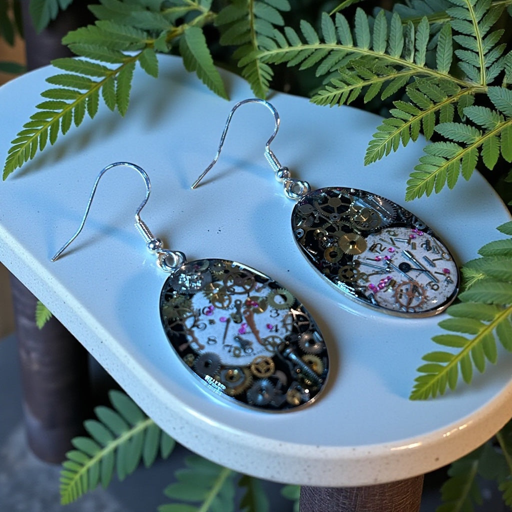Steampunk watch parts oval dangle earrings (silver)