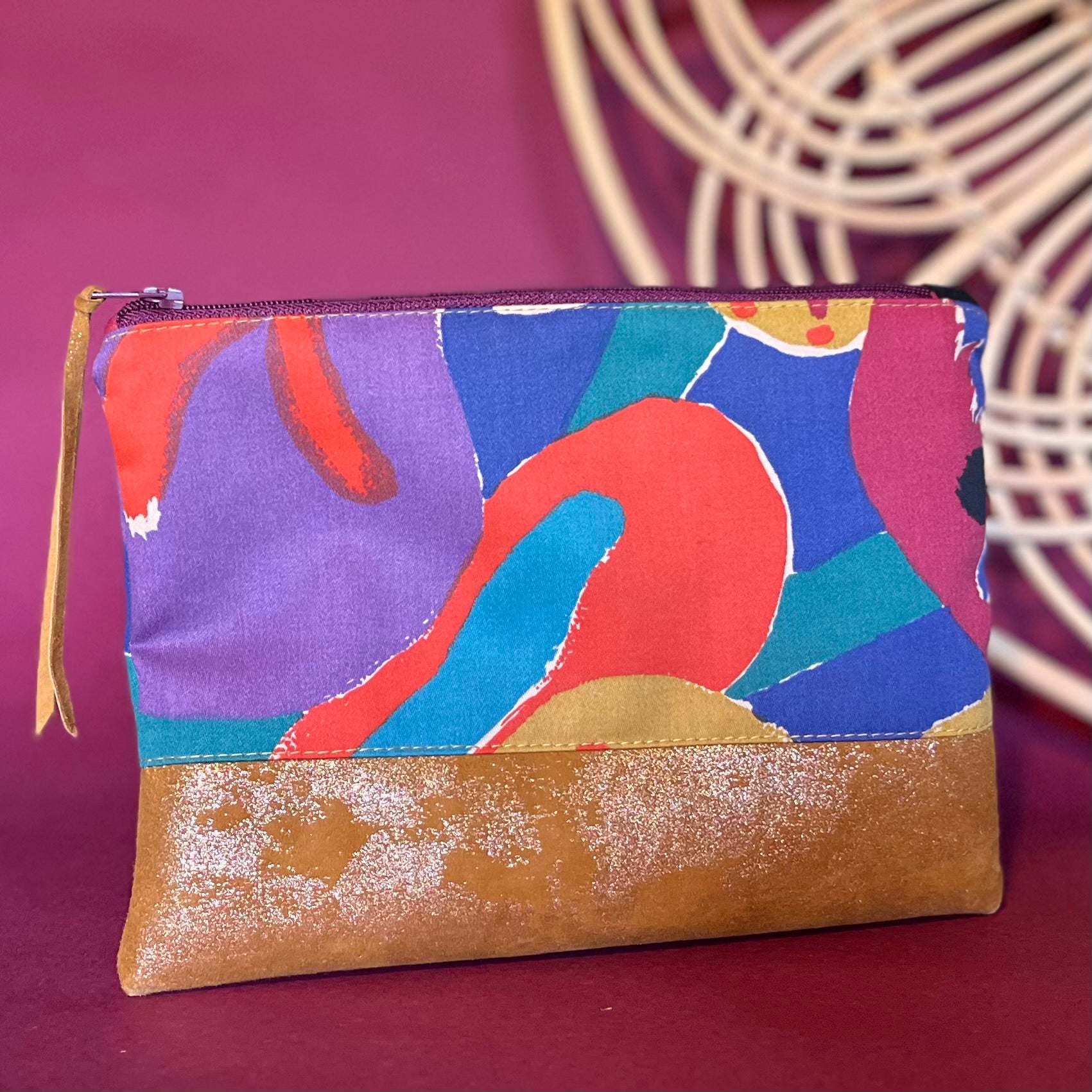 Colourful, repurposed vintage fabric ZIP POUCH fully lined, leather accents