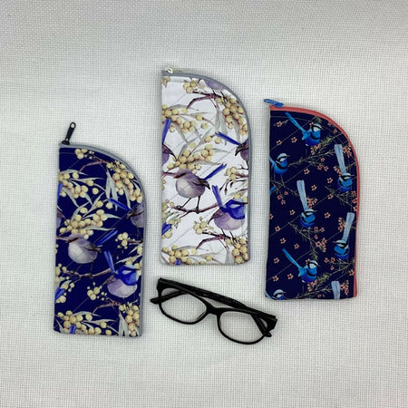 Blue wren birds Glasses Case. Fabric, padded, lightly quilted.