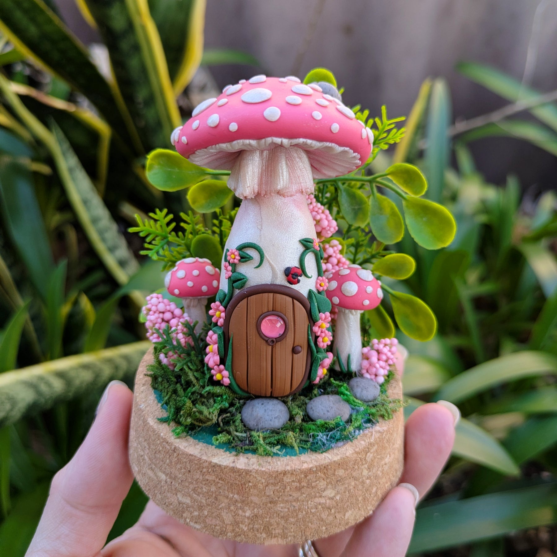 Pink Fairy Mushroom Houses in glass domes