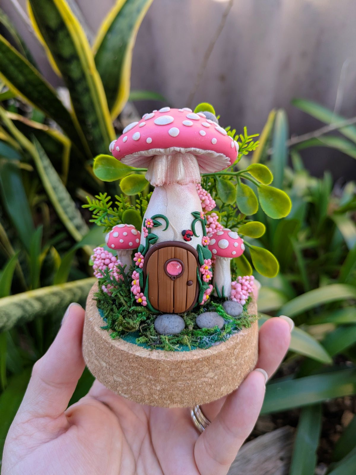 Pink Fairy Mushroom Houses in glass domes