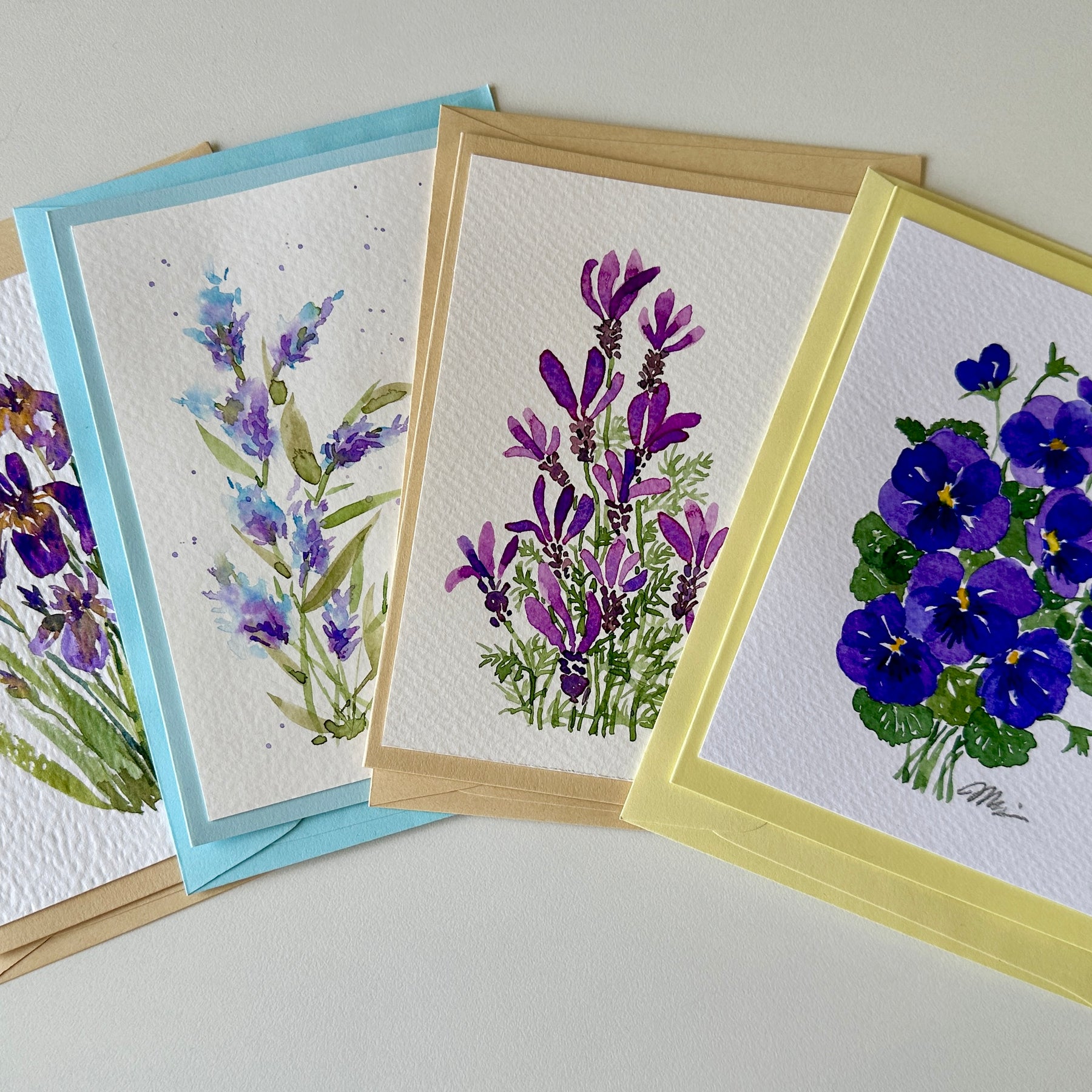 4 x hand-painted 'purple petals' floral cards
