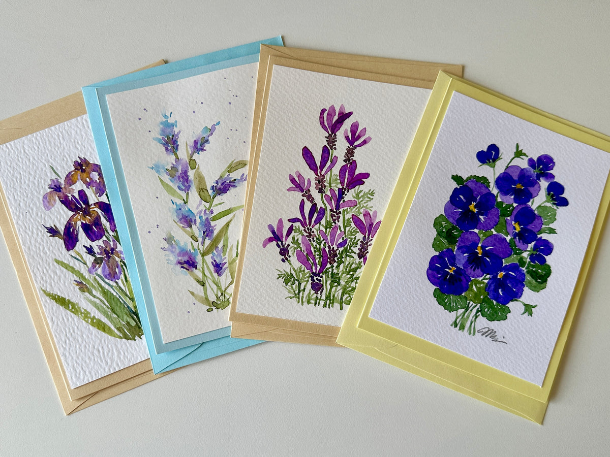 4 x hand-painted 'purple petals' floral cards