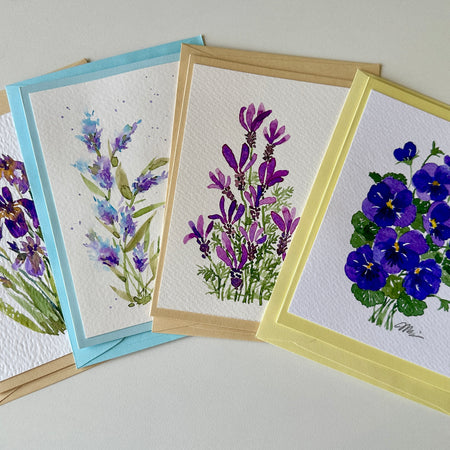 4 x hand-painted 'purple petals' floral cards