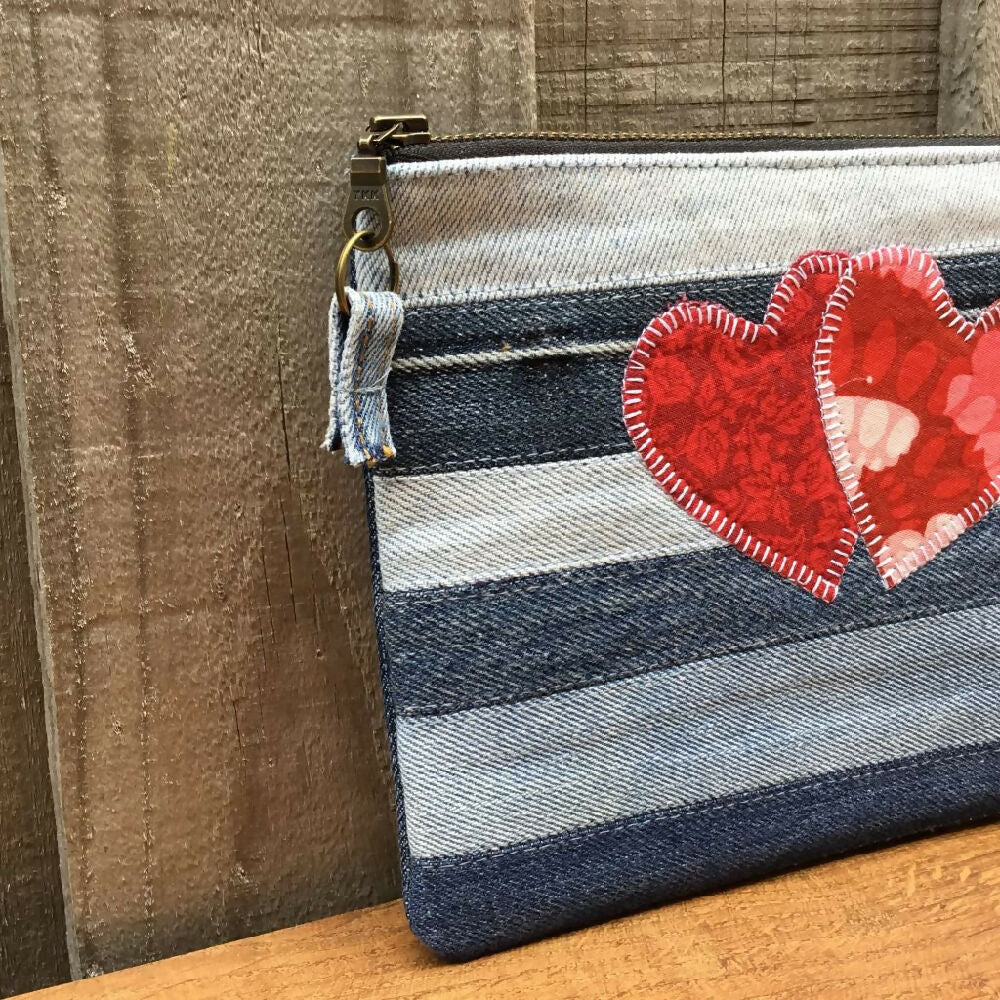 Upcycled Denim Purse – Red Hearts