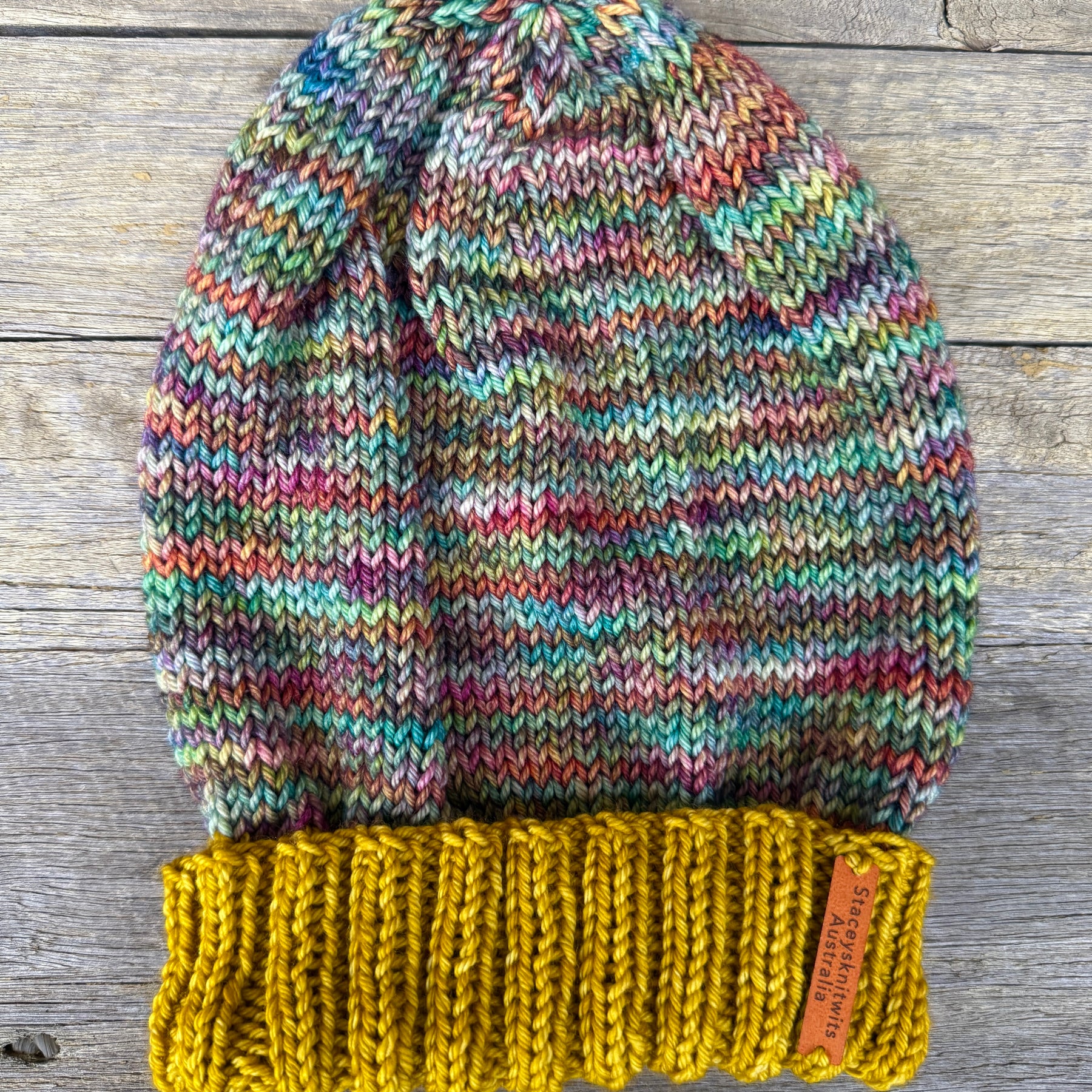 Merino Slouchy Beanie, Hand Knitted Mustard & Rainbow Slouchy