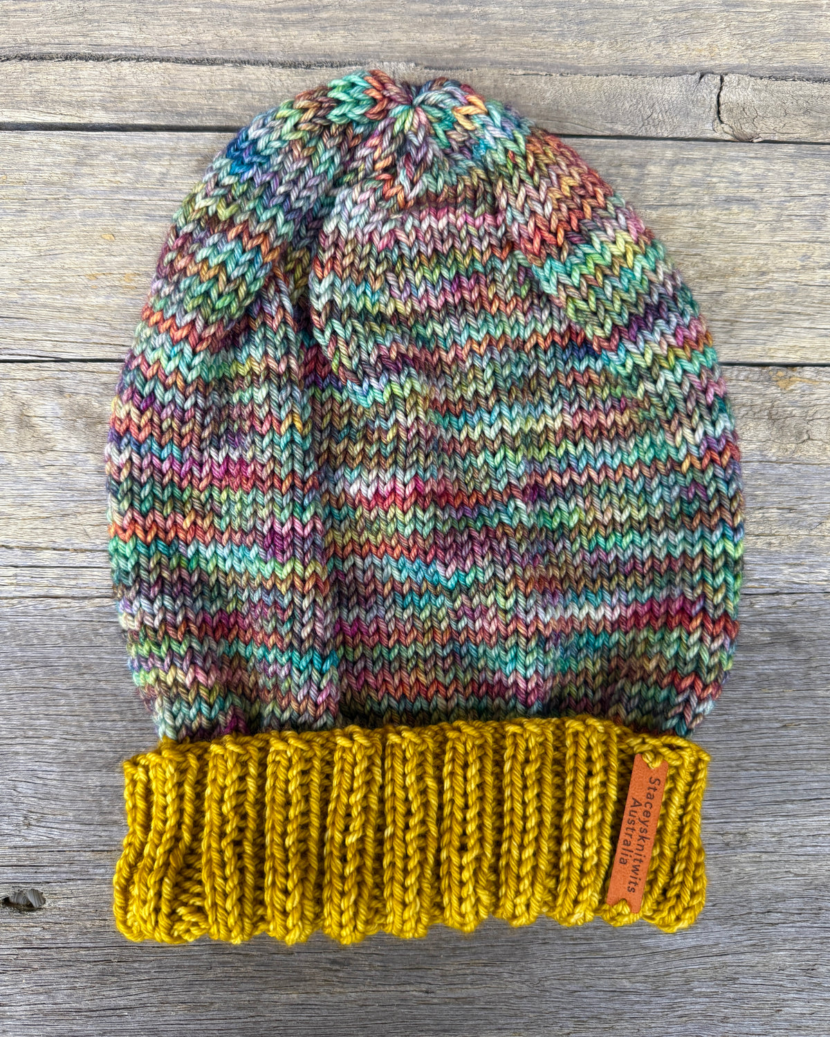 Merino Slouchy Beanie, Hand Knitted Mustard & Rainbow Slouchy