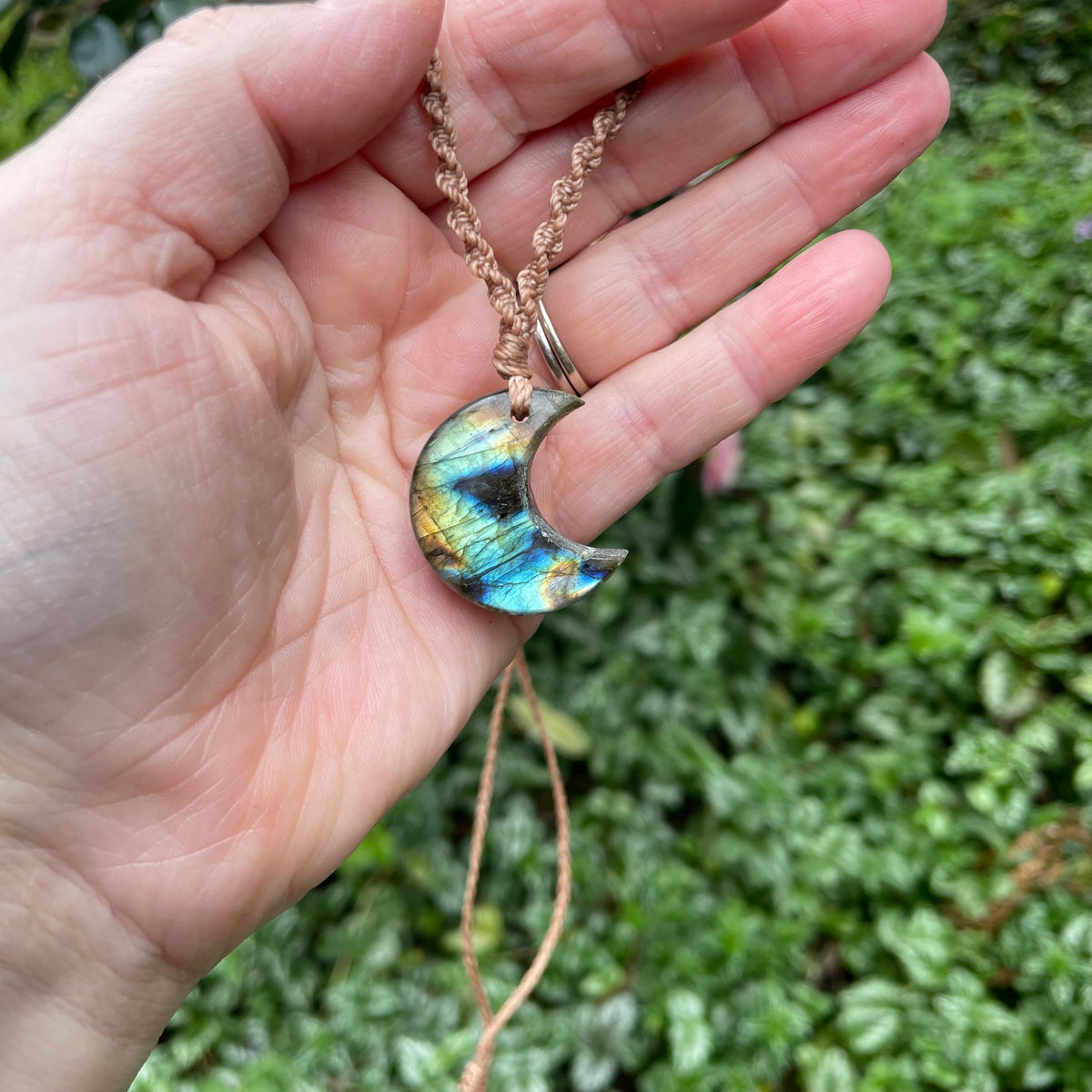 Labradorite Pendant: Crescent moon Beaded Macrame, Adjustable Boho Gift