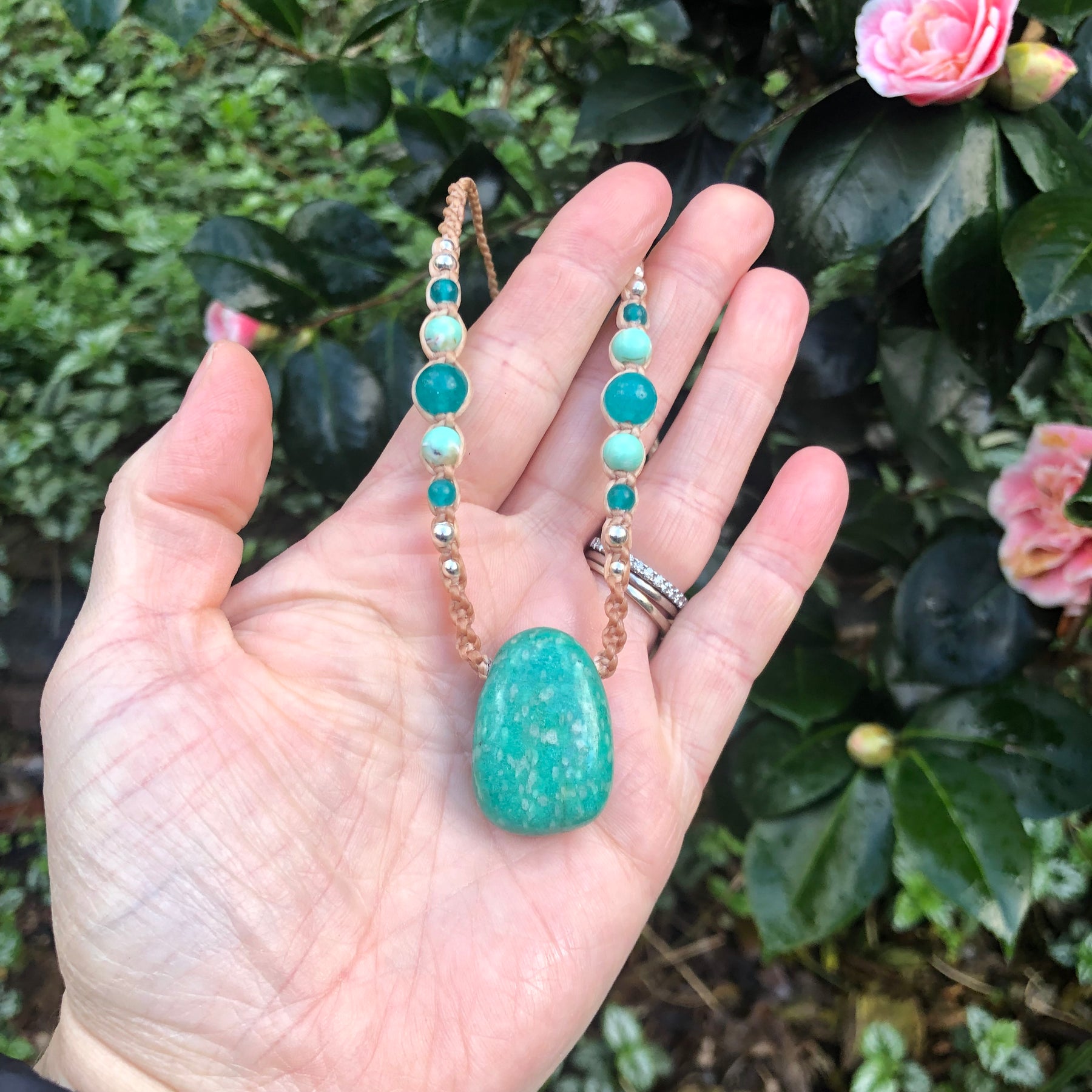 Amazonite Pendant, necklace macrame beaded adjustable boho