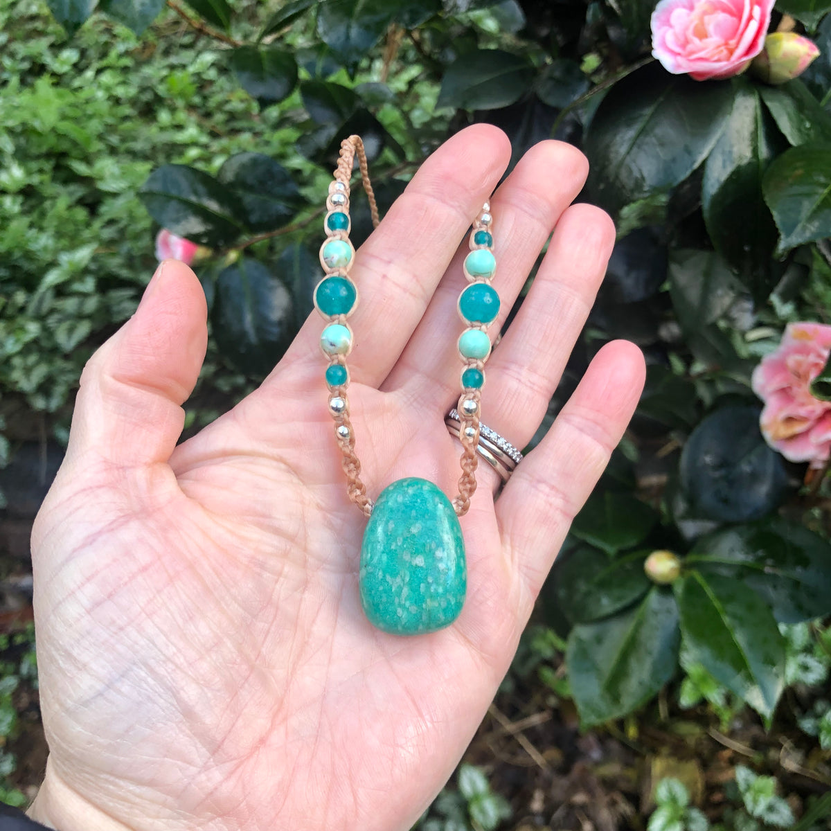 Amazonite Pendant, necklace macrame beaded adjustable boho