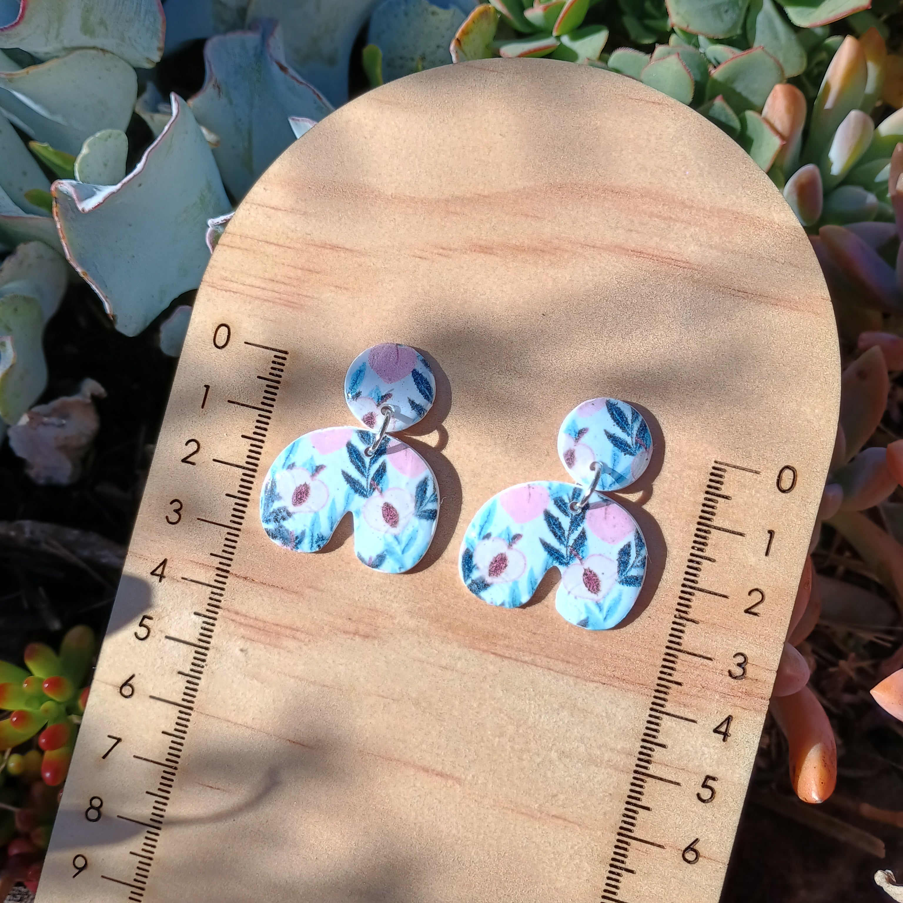 Peach tree print dangles polymer clay earrings